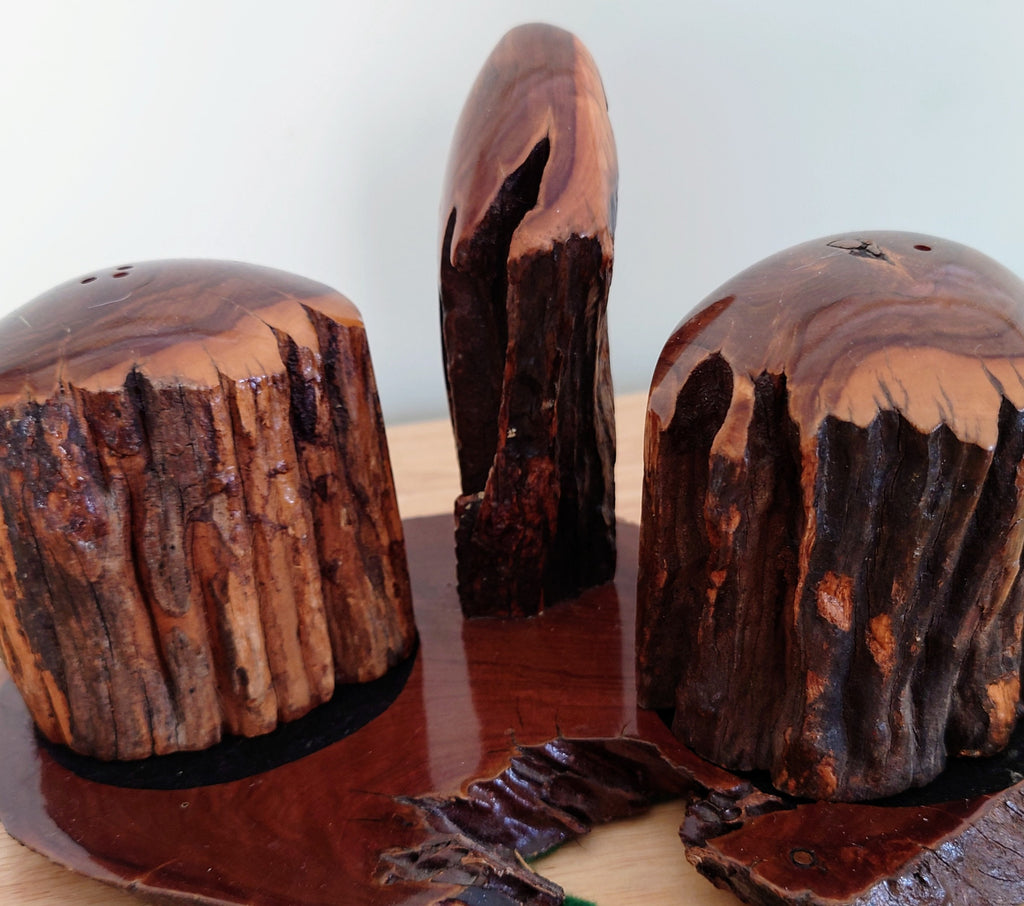 Vintage Salt and Pepper Cruets with Stand African Treen Wood Hand Carved 1953 Weatherwoods Handcrafted Salt and Pepper Shaker Vintage Salts