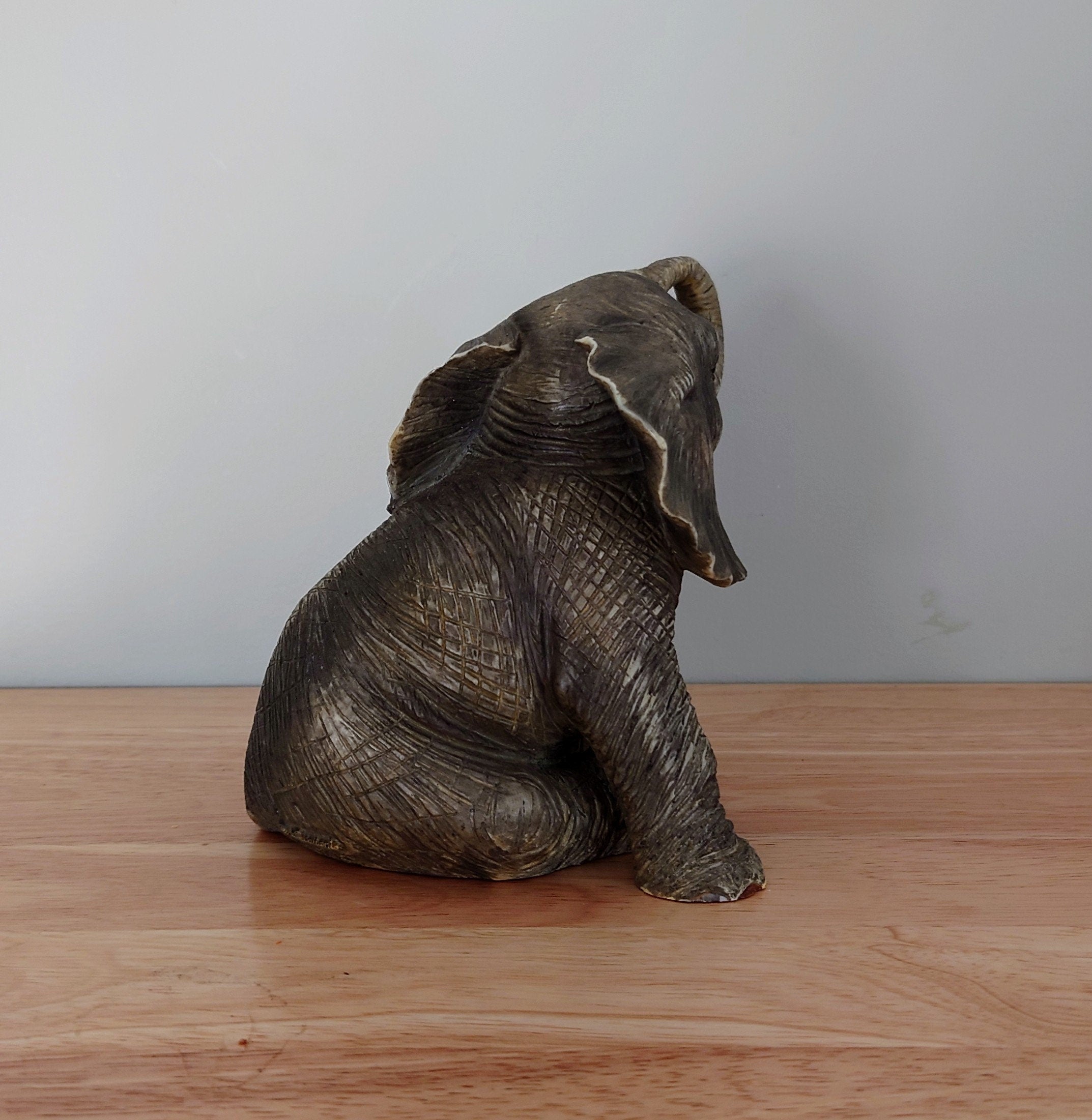 Vintage Large elephant Figurine Large Resin Collectable Animal Kitsch Bone China Mid Century  African Wildlife Trunk Up Good Luck