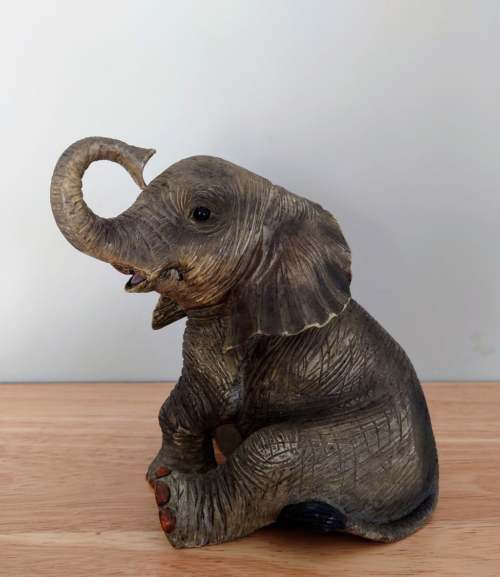 Vintage Large elephant Figurine Large Resin Collectable Animal Kitsch Bone China Mid Century  African Wildlife Trunk Up Good Luck