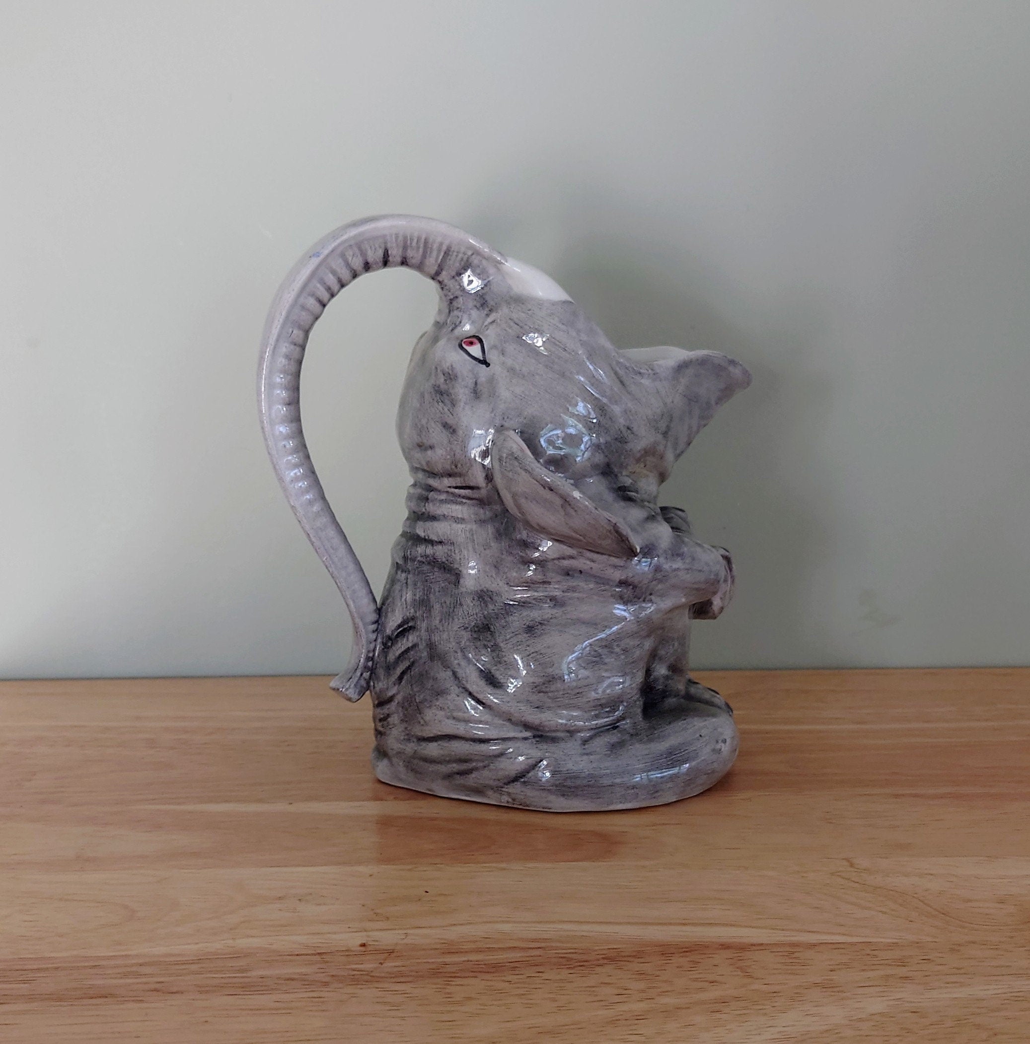 Vintage Ceramic Elephant Jar Gargling Pottery Elephant Trunk up Elephant Pitcher Drinks Cocktail Decanter Large Earthenware Jug African