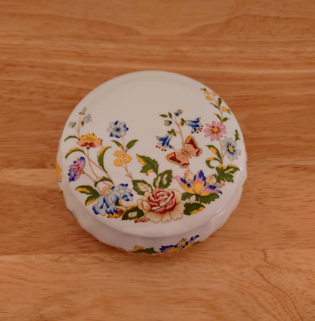 Round Trinket Box Cottage Garden Aynsley Jewellery Fine Bone China Porcelain Made in England Cottage Garden Pattern Collectable Vintage
