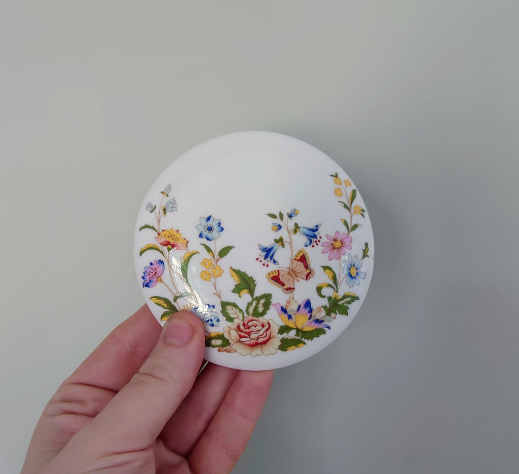 Round Trinket Box Cottage Garden Aynsley Jewellery Fine Bone China Porcelain Made in England Cottage Garden Pattern Collectable Vintage