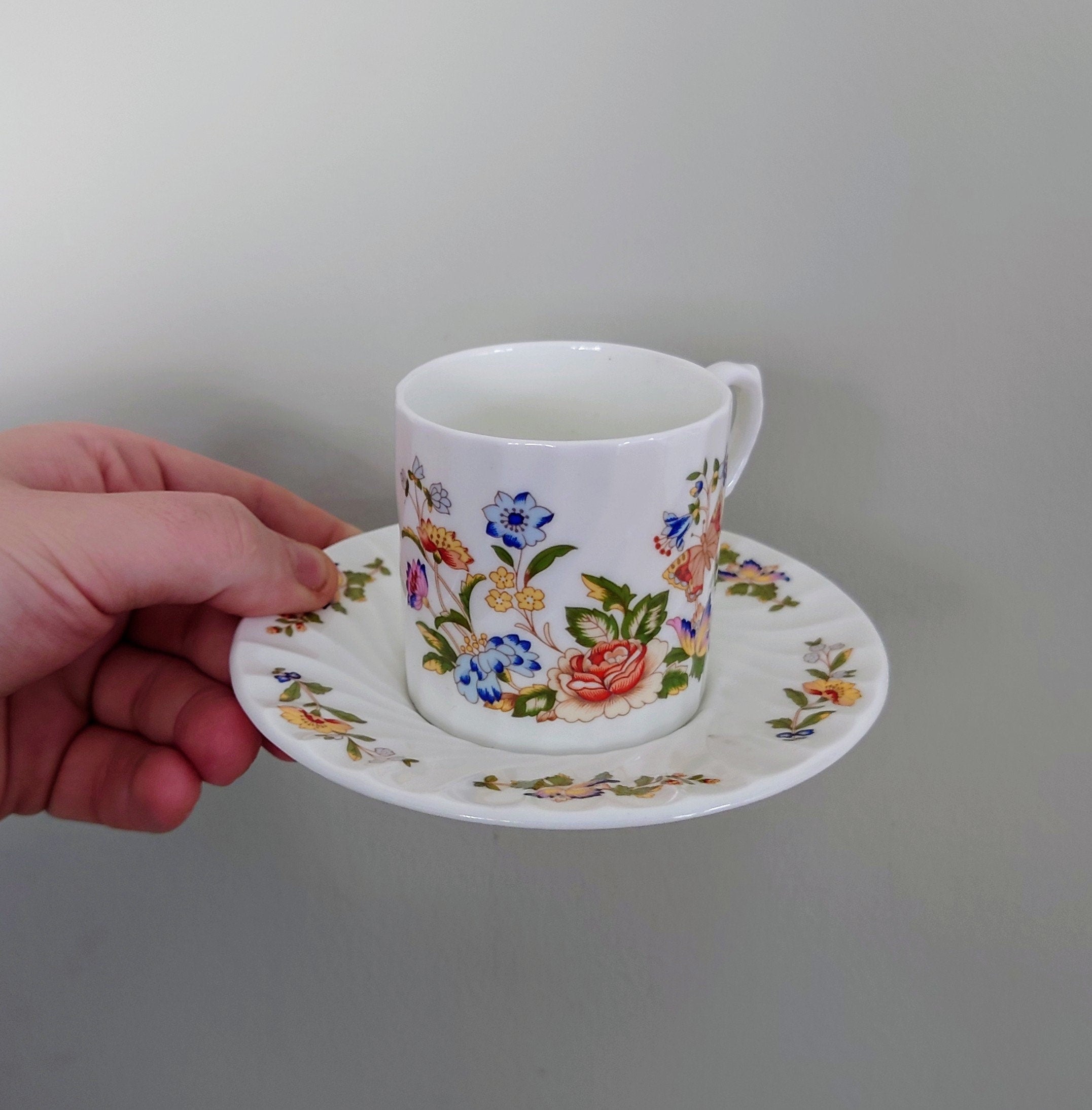 Aynsley Coffee Cup and Saucer Cottage Garden Porcelain  Fine Bone China Porcelain Made in England Cottage Garden Pattern Collectable Vintage