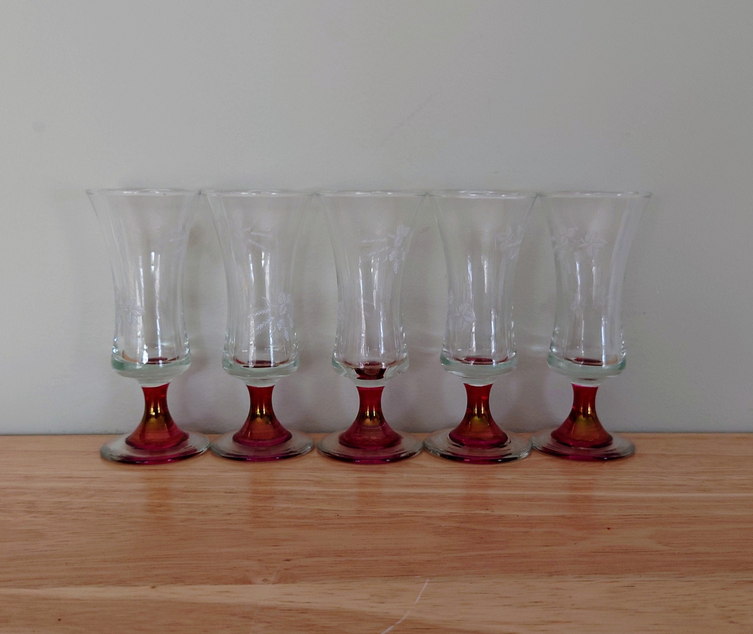 Vintage Glass Etched Wine Glasses Liqueur Glasses Set of 6 Mid Century Red Stemmed Vintage Barware