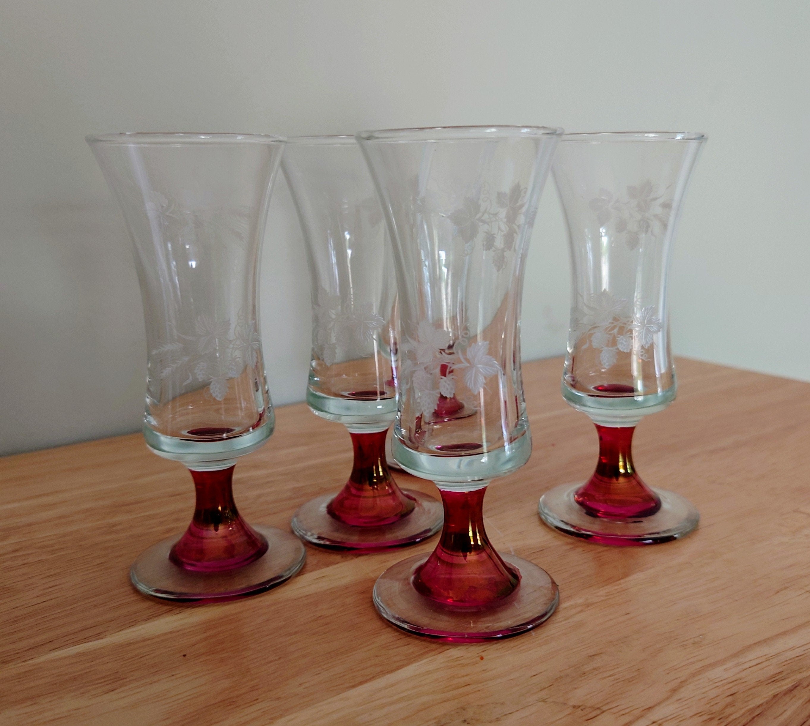 Vintage Glass Etched Wine Glasses Liqueur Glasses Set of 6 Mid Century Red Stemmed Vintage Barware
