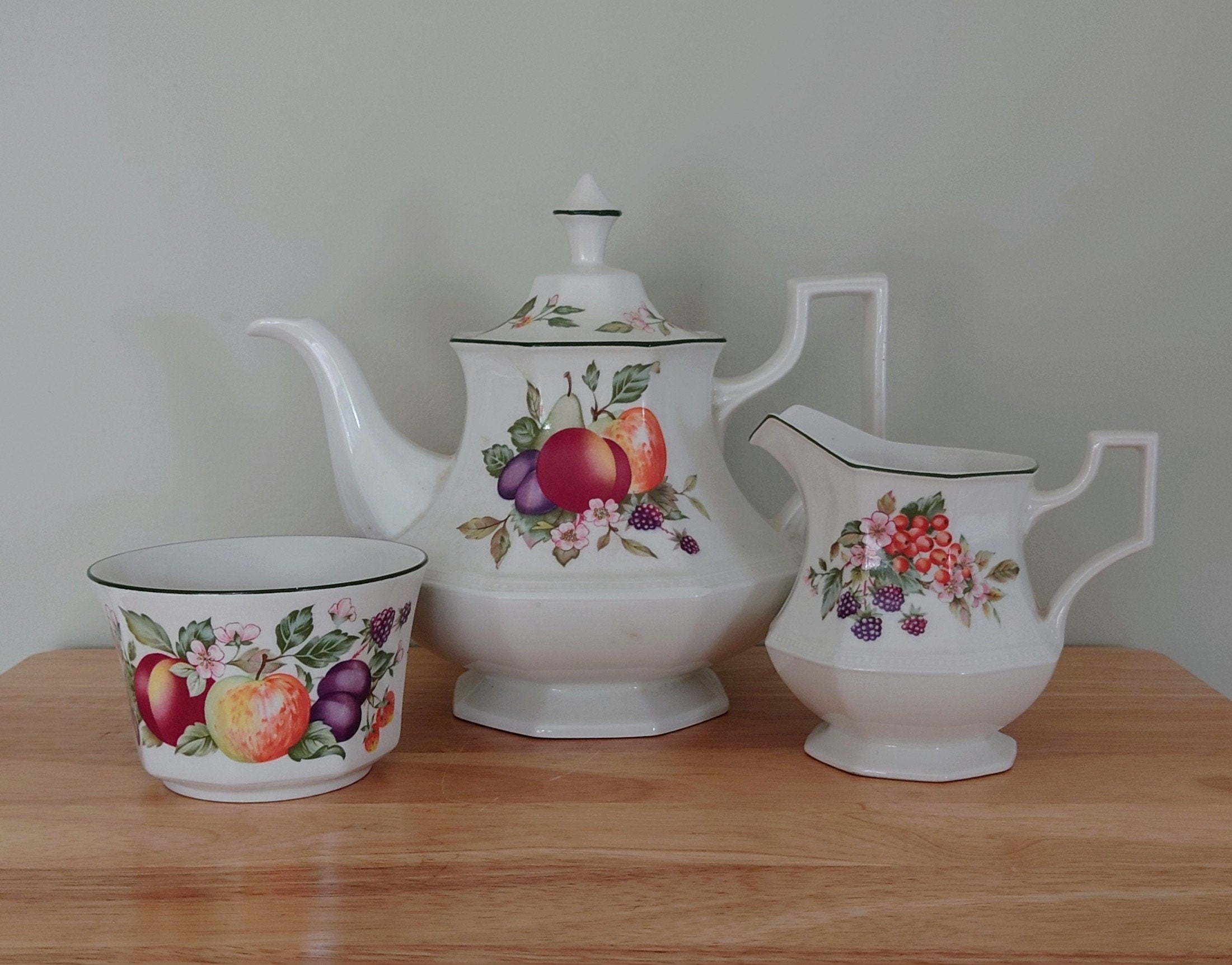 Ceramic Eternal Beau Teaset Teapot, Sugar Bowl, Milk Jug Ceramic Set Vintage 1980's Eternal Beau Tea Service Floral Country