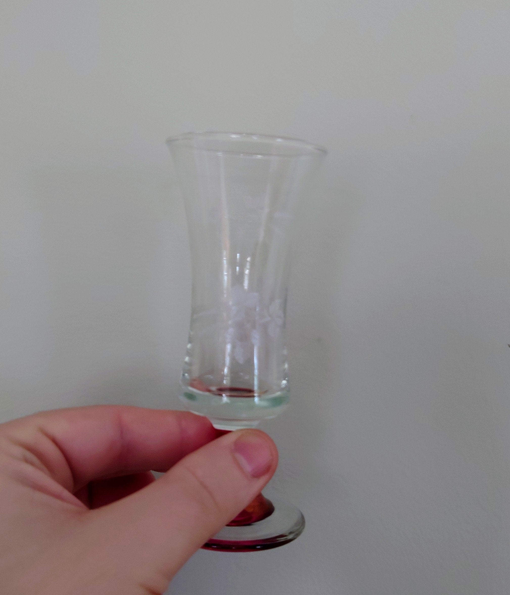 Vintage Glass Etched Wine Glasses Liqueur Glasses Set of 6 Mid Century Red Stemmed Vintage Barware