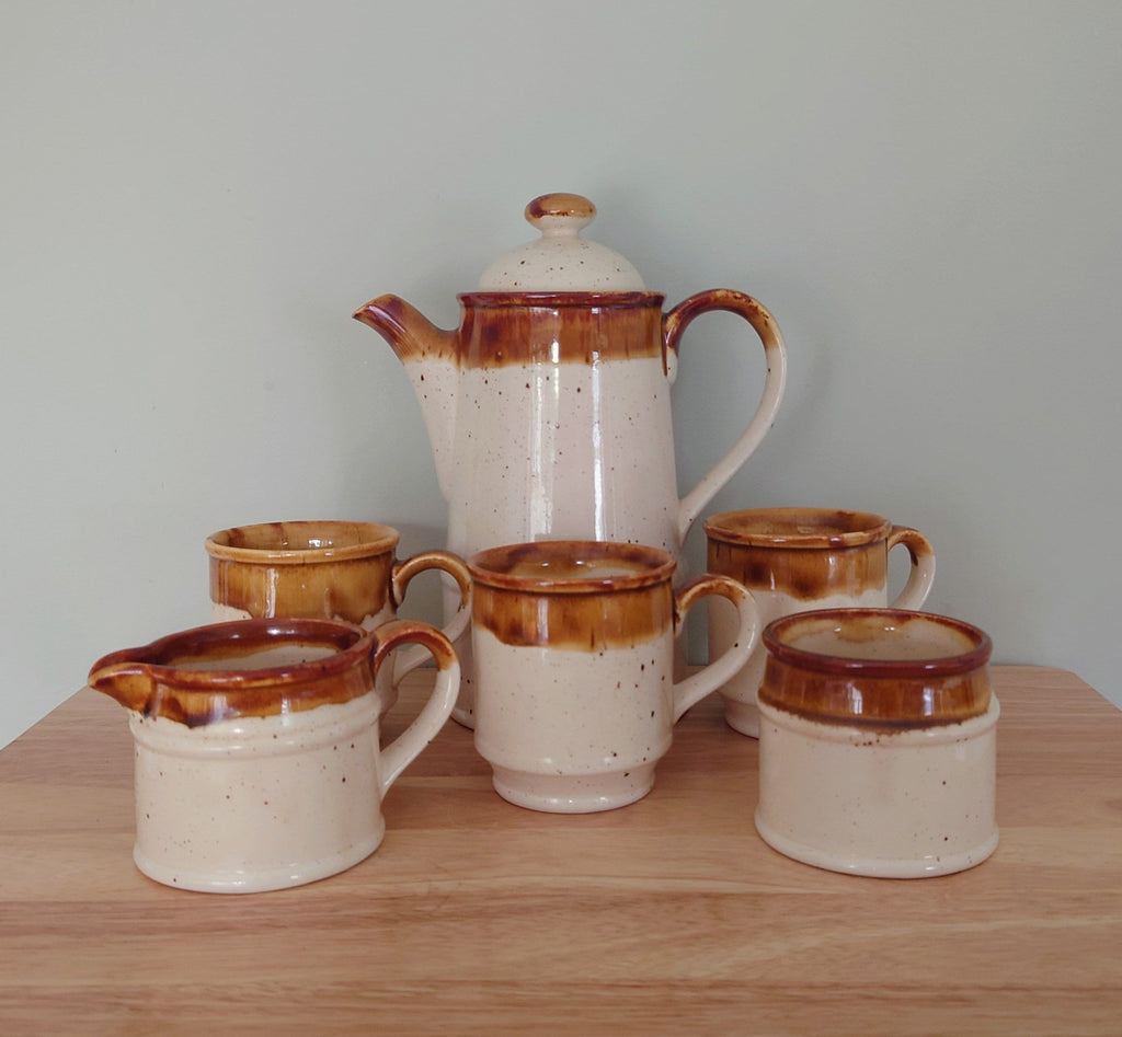 Vintage Coffee Pot Retro Brown Set Milk Jug, Sugar Bowl 1970's Ceramic Coffeepot Brown 1970's Retro Earthenware Sadler England