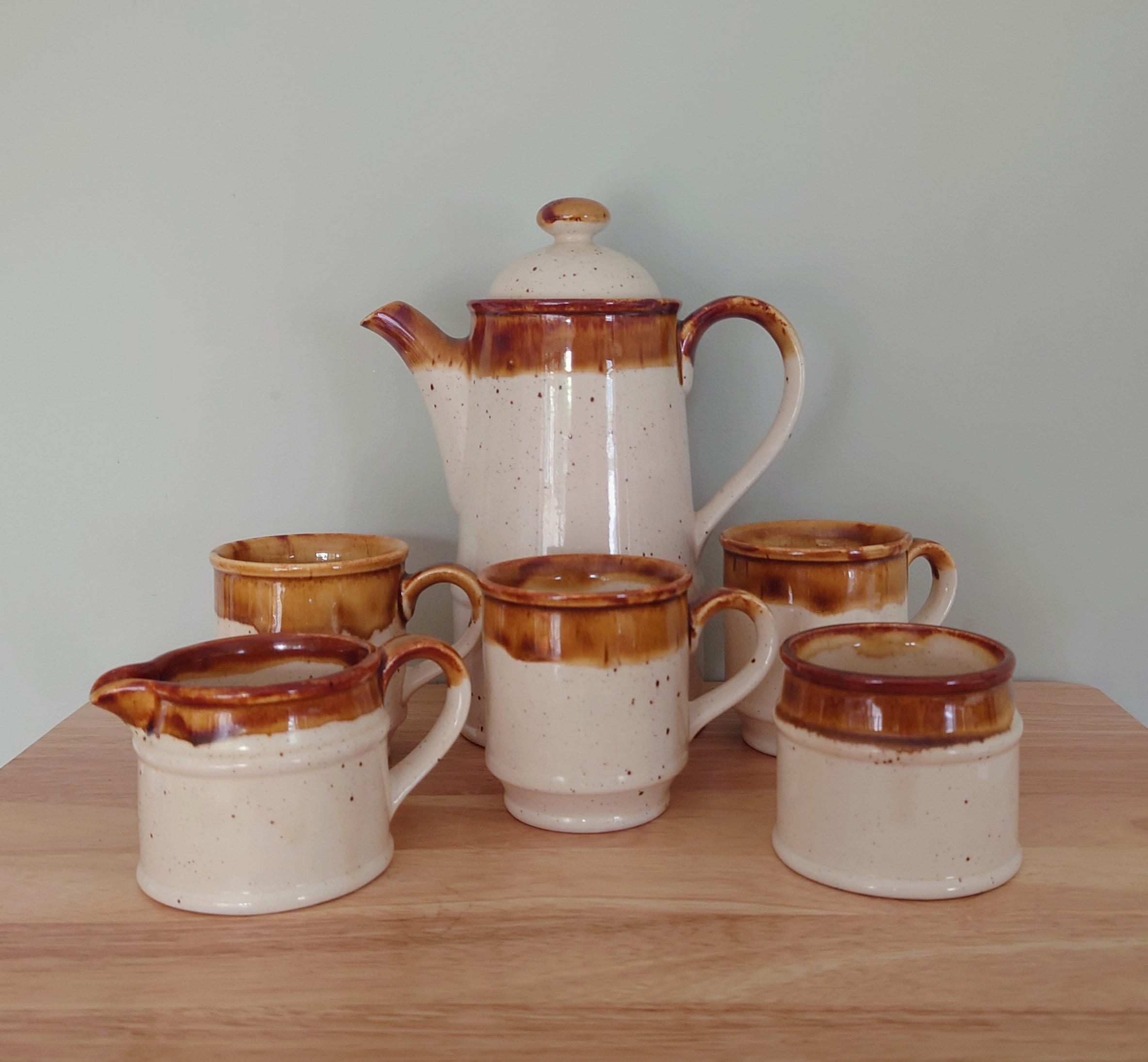 Vintage Coffee Pot Retro Brown Set Milk Jug, Sugar Bowl 1970's Ceramic Coffeepot Brown 1970's Retro Earthenware Sadler England