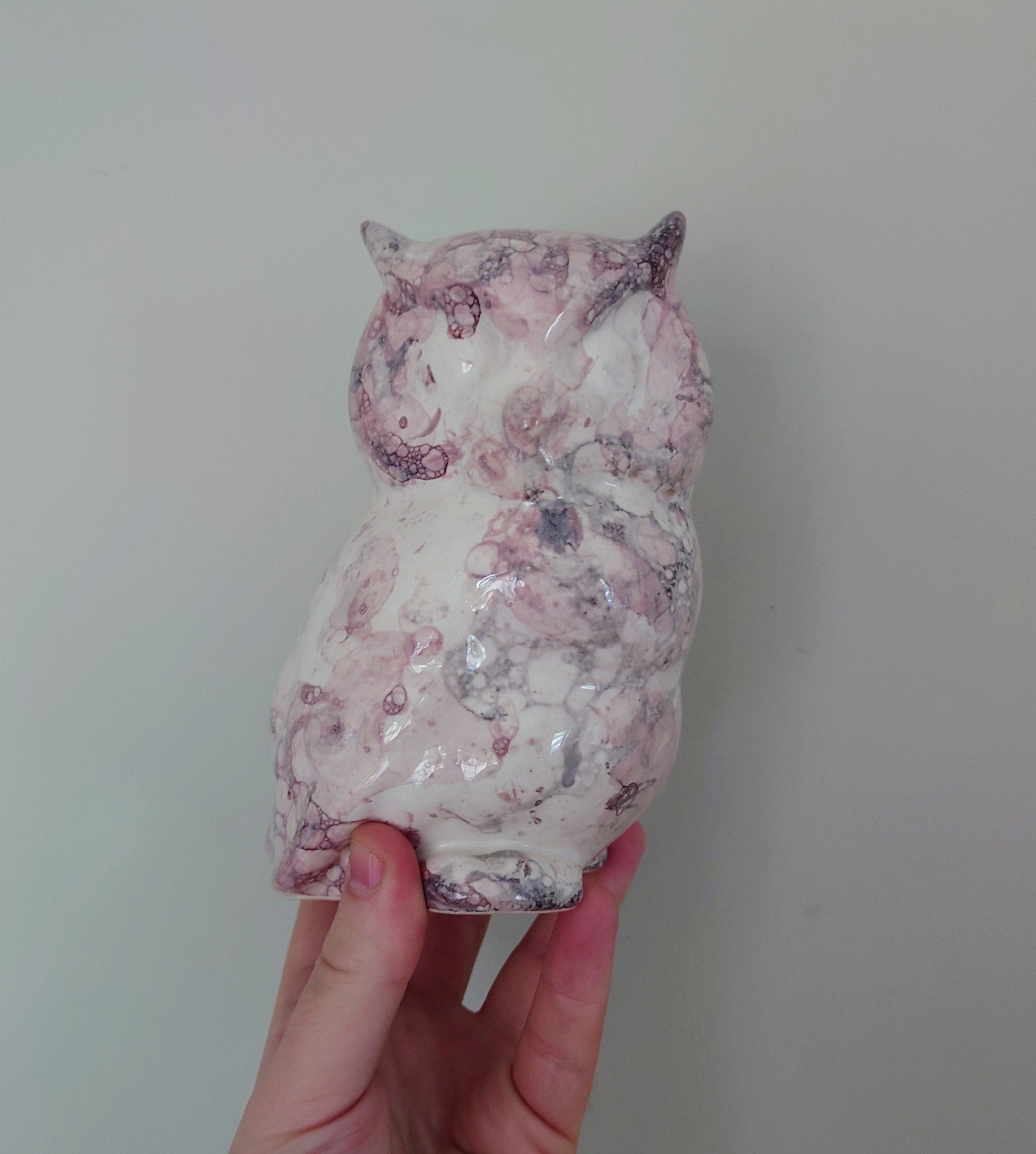 Vintage Ceramic Owl Figurine Ornament Collectable Decorative Bird Large Pink Marble White Ornamental Ceramic Pottery Owl