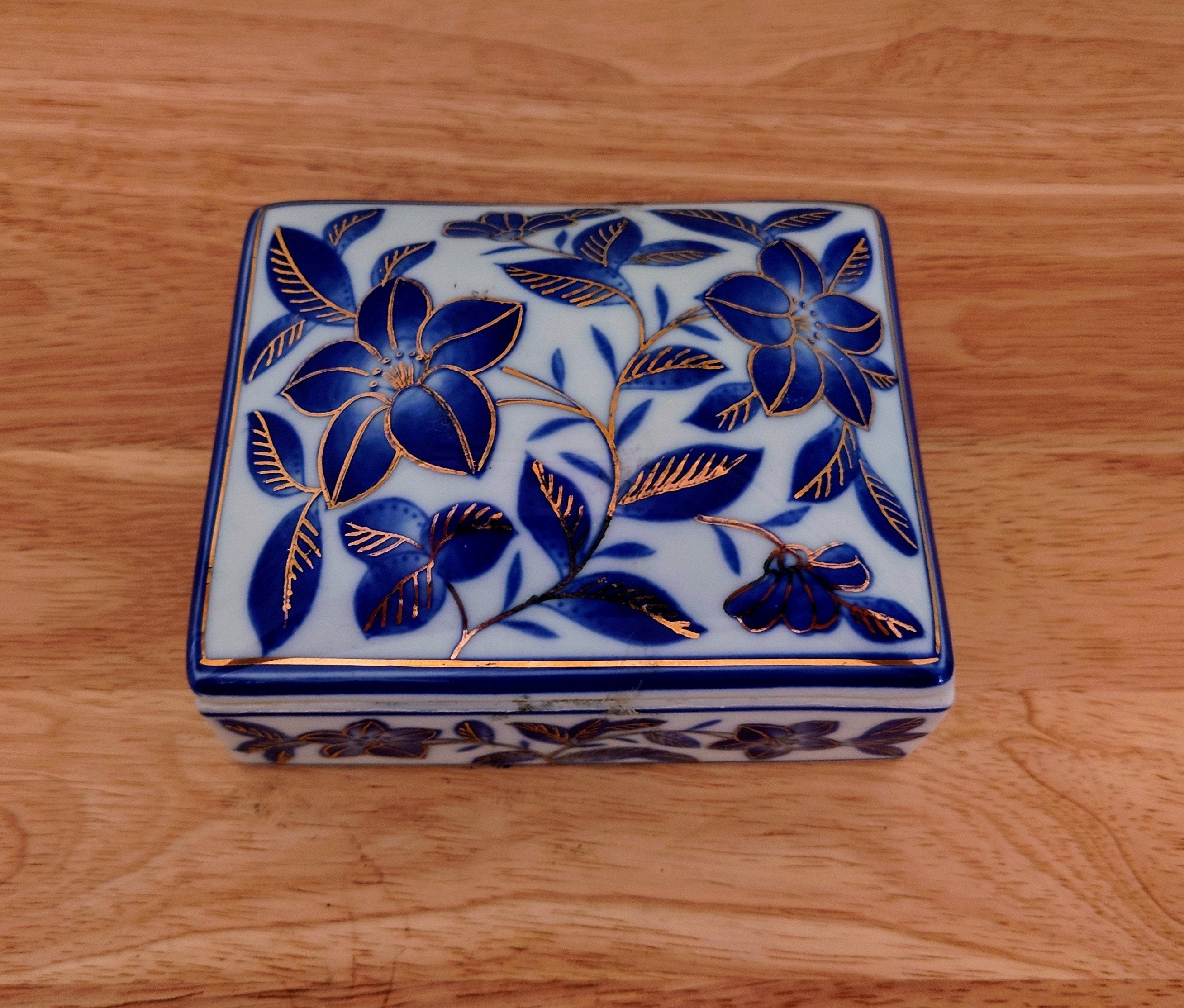Vintage Porcelain Jewellery Box Asian Blue Trinket Floral Storage Box Jewelry Dresser Box Hand Painted , Chinoiserie Ceramic Keepsake Box