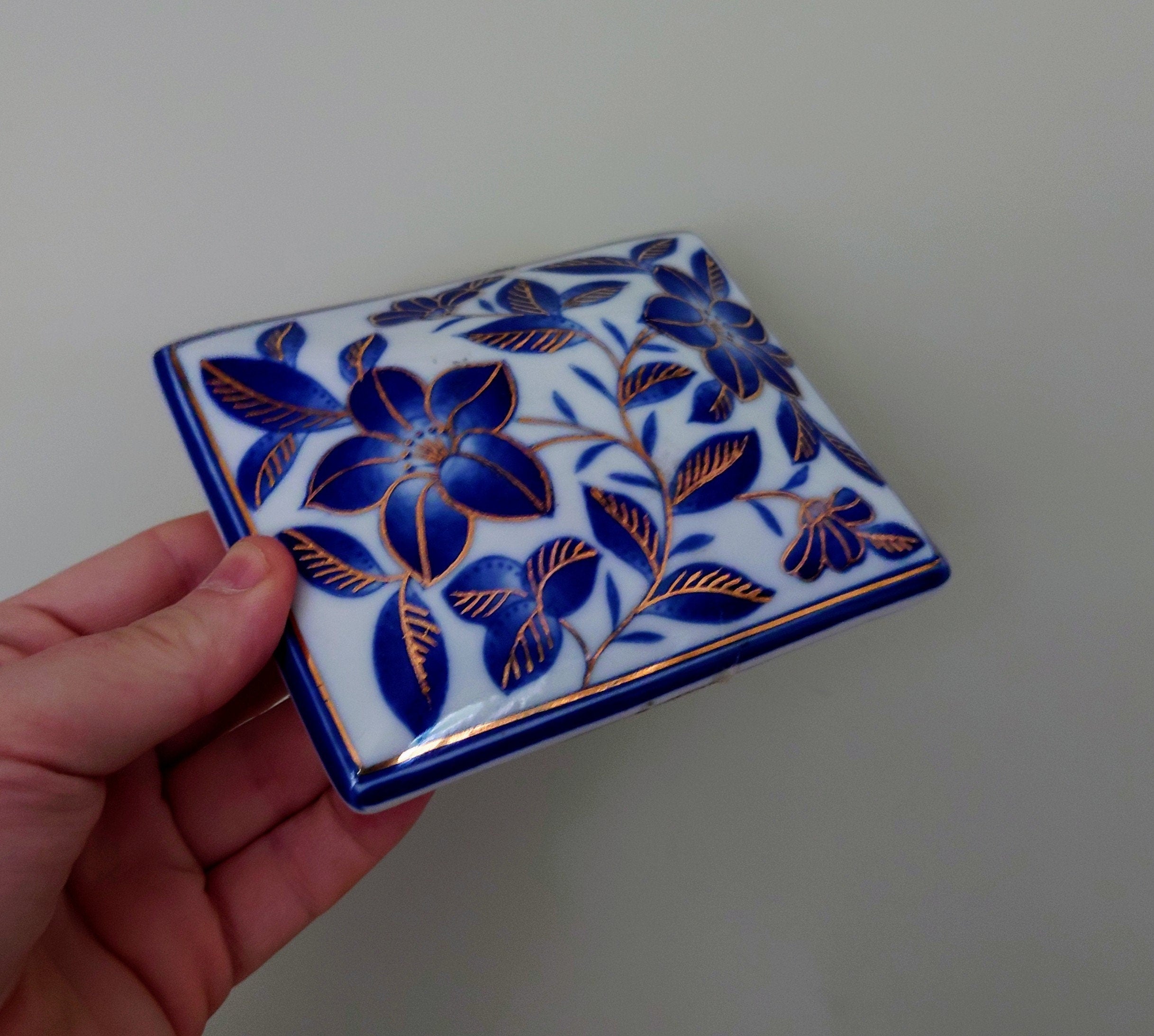 Vintage Porcelain Jewellery Box Asian Blue Trinket Floral Storage Box Jewelry Dresser Box Hand Painted , Chinoiserie Ceramic Keepsake Box