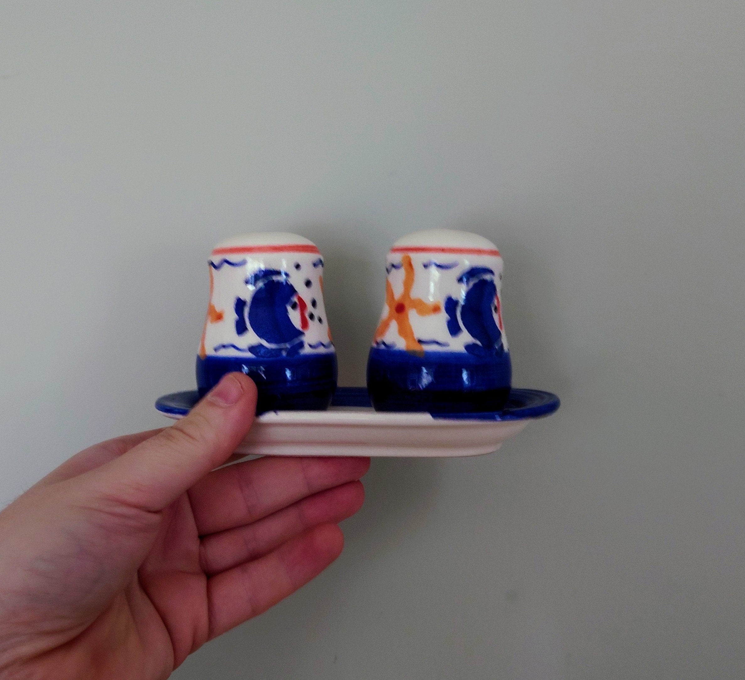 Vintage  Sea life Cruet set with tray Salt and Pepper Shakers Condiment Set Novelty Shakers Collectable Kitchenalia Pottery Tableware
