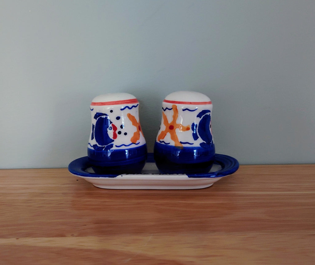 Vintage  Sea life Cruet set with tray Salt and Pepper Shakers Condiment Set Novelty Shakers Collectable Kitchenalia Pottery Tableware