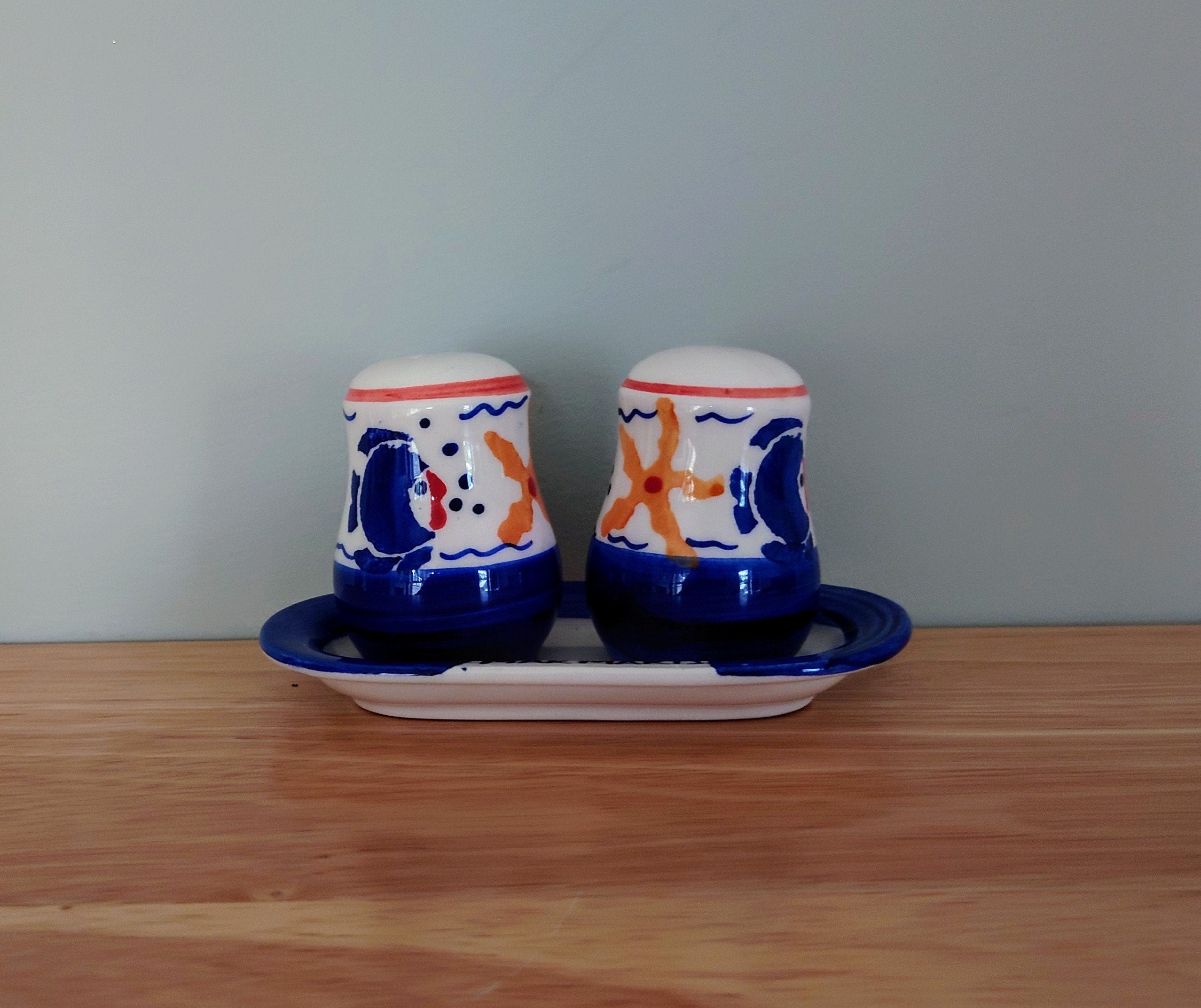 Vintage  Sea life Cruet set with tray Salt and Pepper Shakers Condiment Set Novelty Shakers Collectable Kitchenalia Pottery Tableware