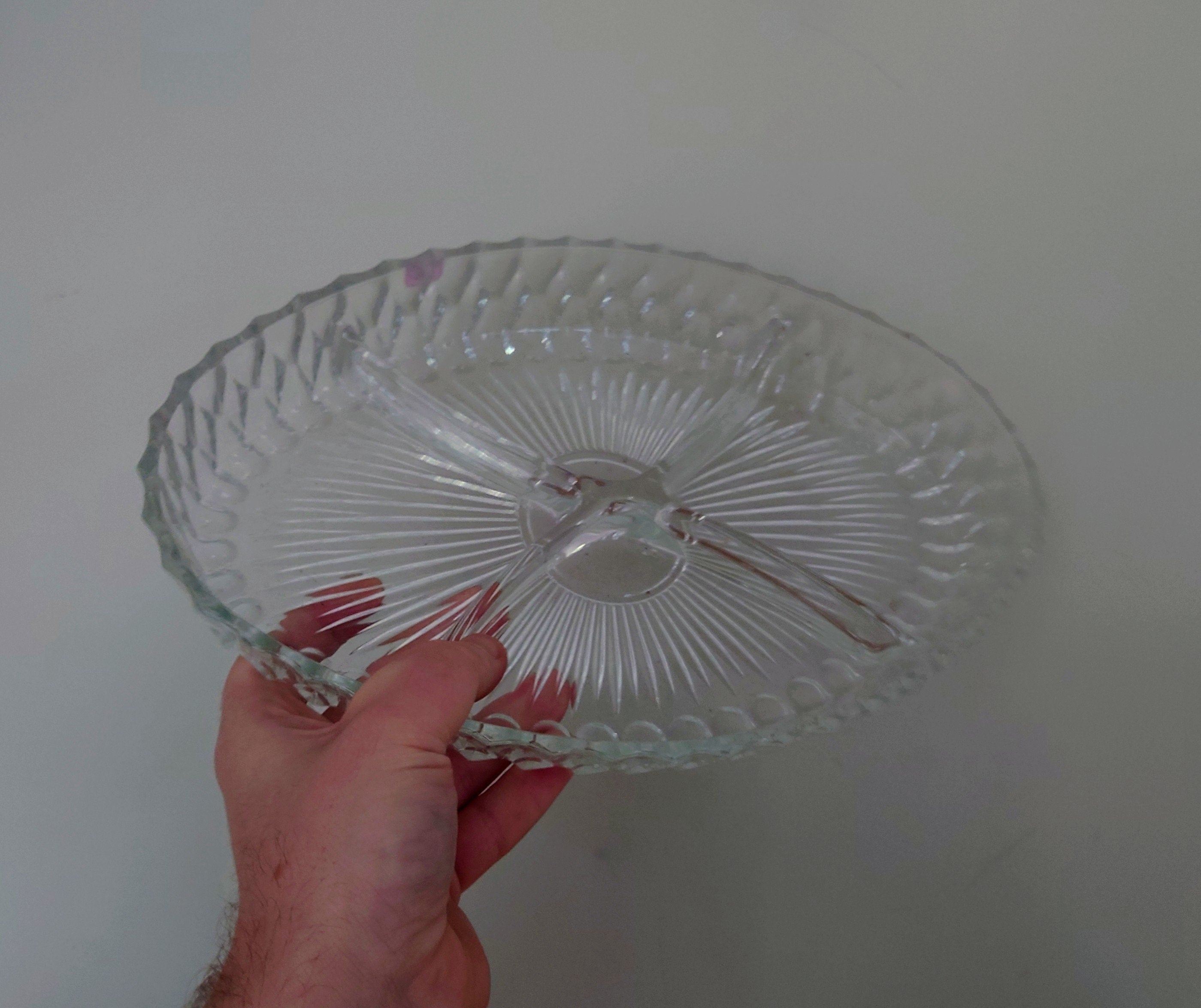 Vintage Relish Tray 3 compartments Glass Dish Serving Snacks  Kitchenware Retro 1970's. Kitsch Clear Serving Tray Retro