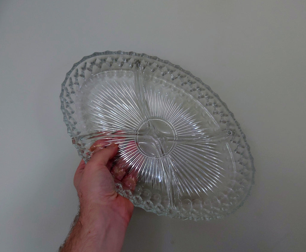 Vintage Relish Tray 3 compartments Glass Dish Serving Snacks  Kitchenware Retro 1970's. Kitsch Clear Serving Tray Retro