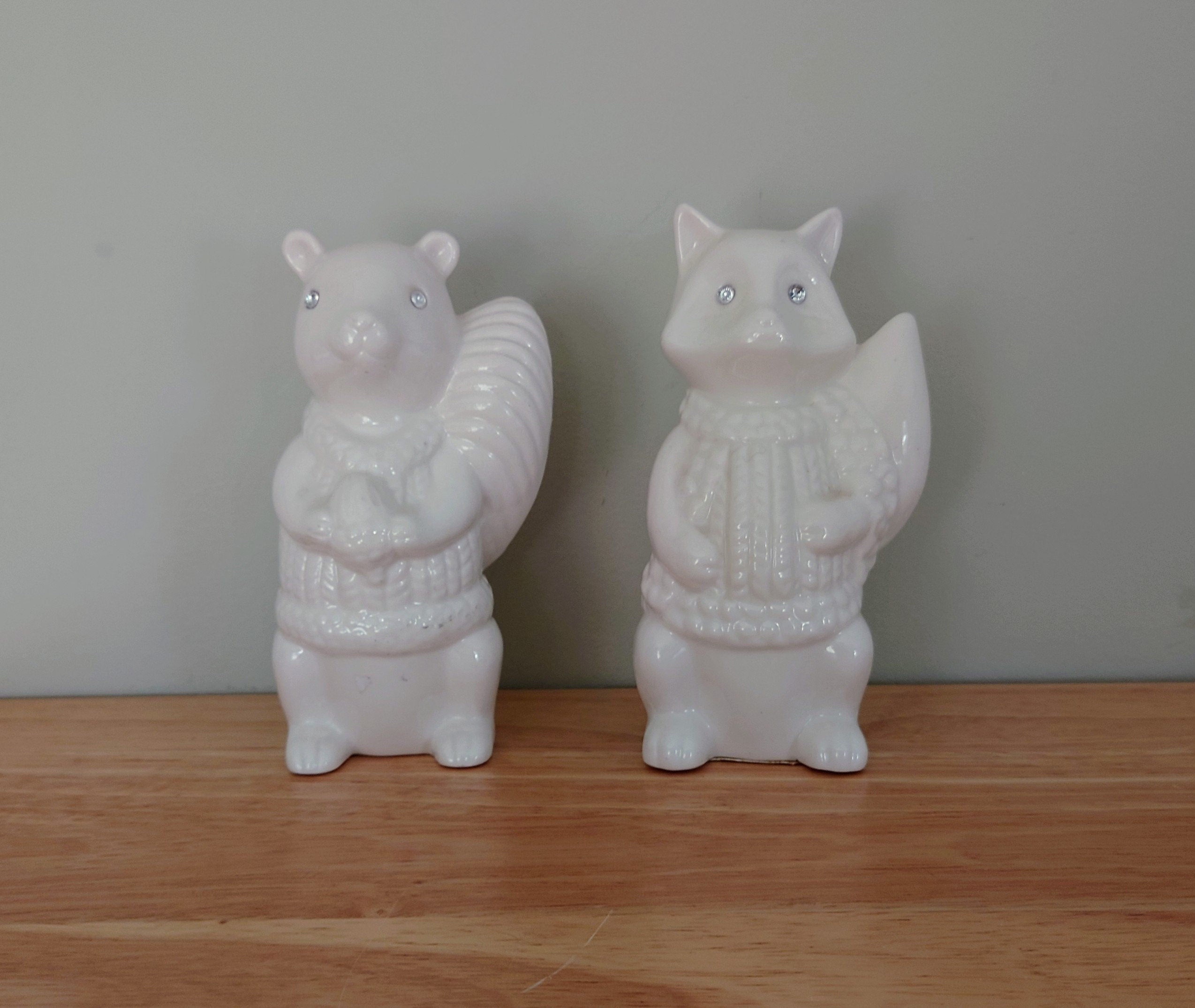 Squirrel and Fox White Statue Figurine Glam Kitsch Decorative Figurine Animal White Ceramic Pottery Woodland Fox and squirrel Vintage