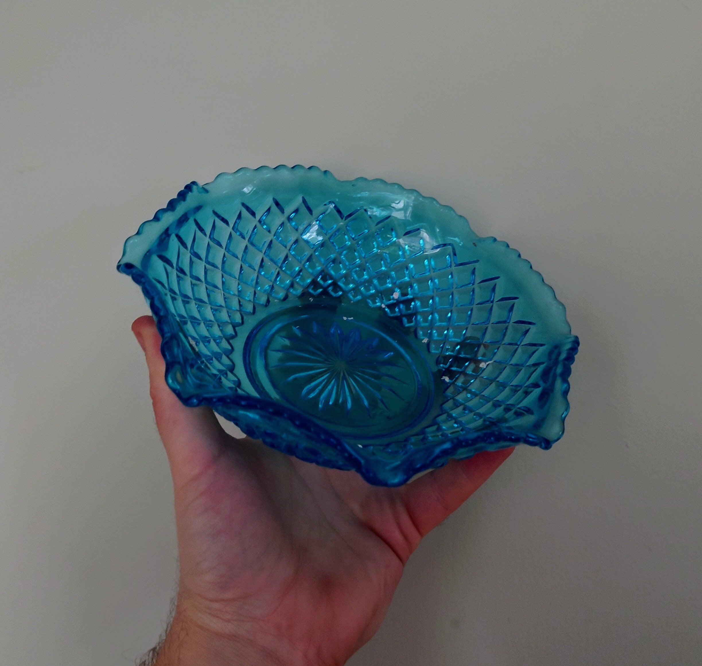 Vintage Decorative Glass Blue Bowl Modernist  1960's Dish Clear Key Dish Sweet Bowl Key Dish Serving Dish Glass Retro Depression Glass