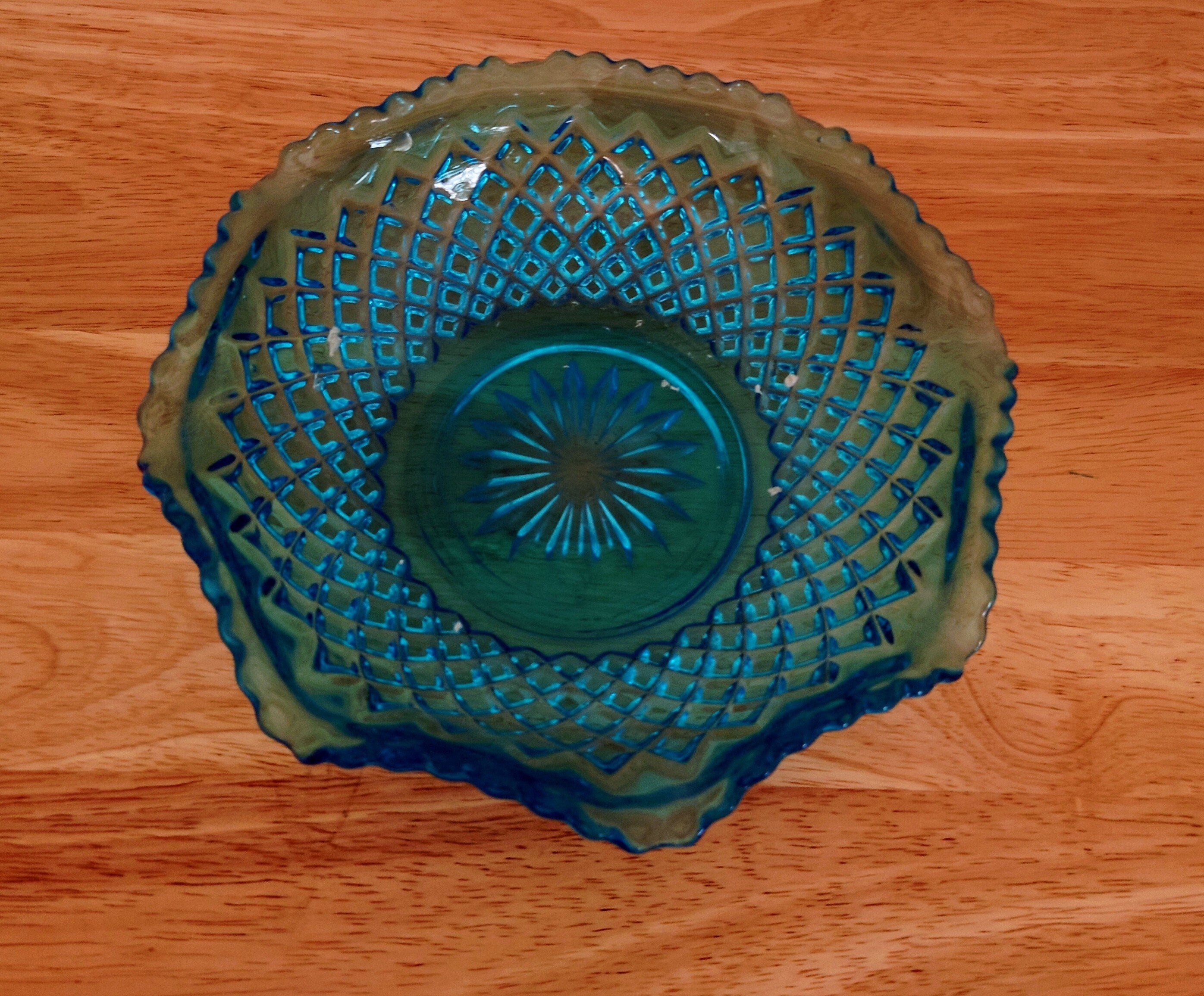 Vintage Decorative Glass Blue Bowl Modernist  1960's Dish Clear Key Dish Sweet Bowl Key Dish Serving Dish Glass Retro Depression Glass