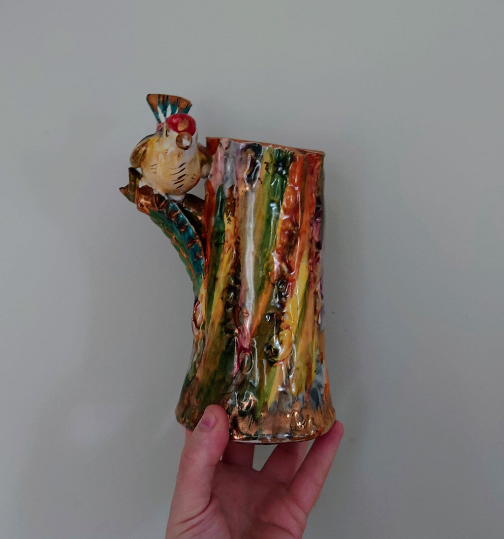 Vintage Vase Majolica Ceramic Lustre Bird Vase Italy Marked Pottery Vase Flower Earthenware Mid Century Bird Glazed Pottery Vase