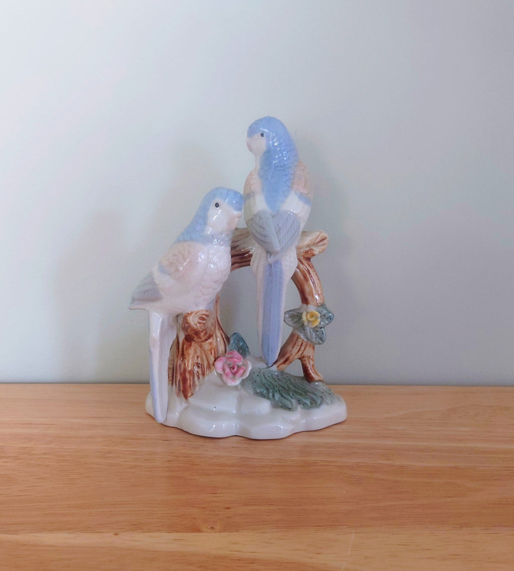 Vintage Blue and White Bird Figurine On Branch Collectable Bird Ornament Lladro Style Floral Figurine