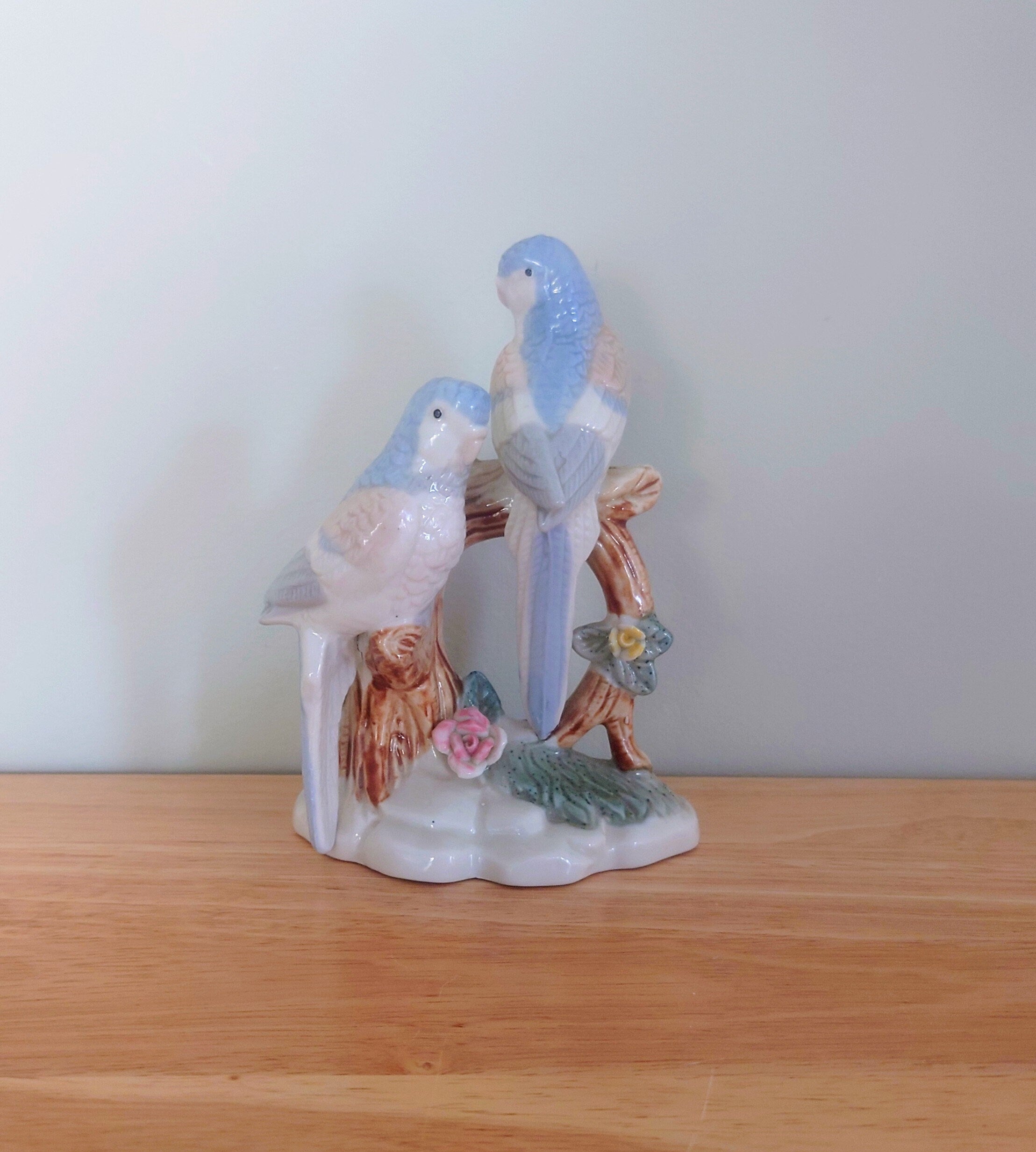 Vintage Blue and White Bird Figurine On Branch Collectable Bird Ornament Lladro Style Floral Figurine