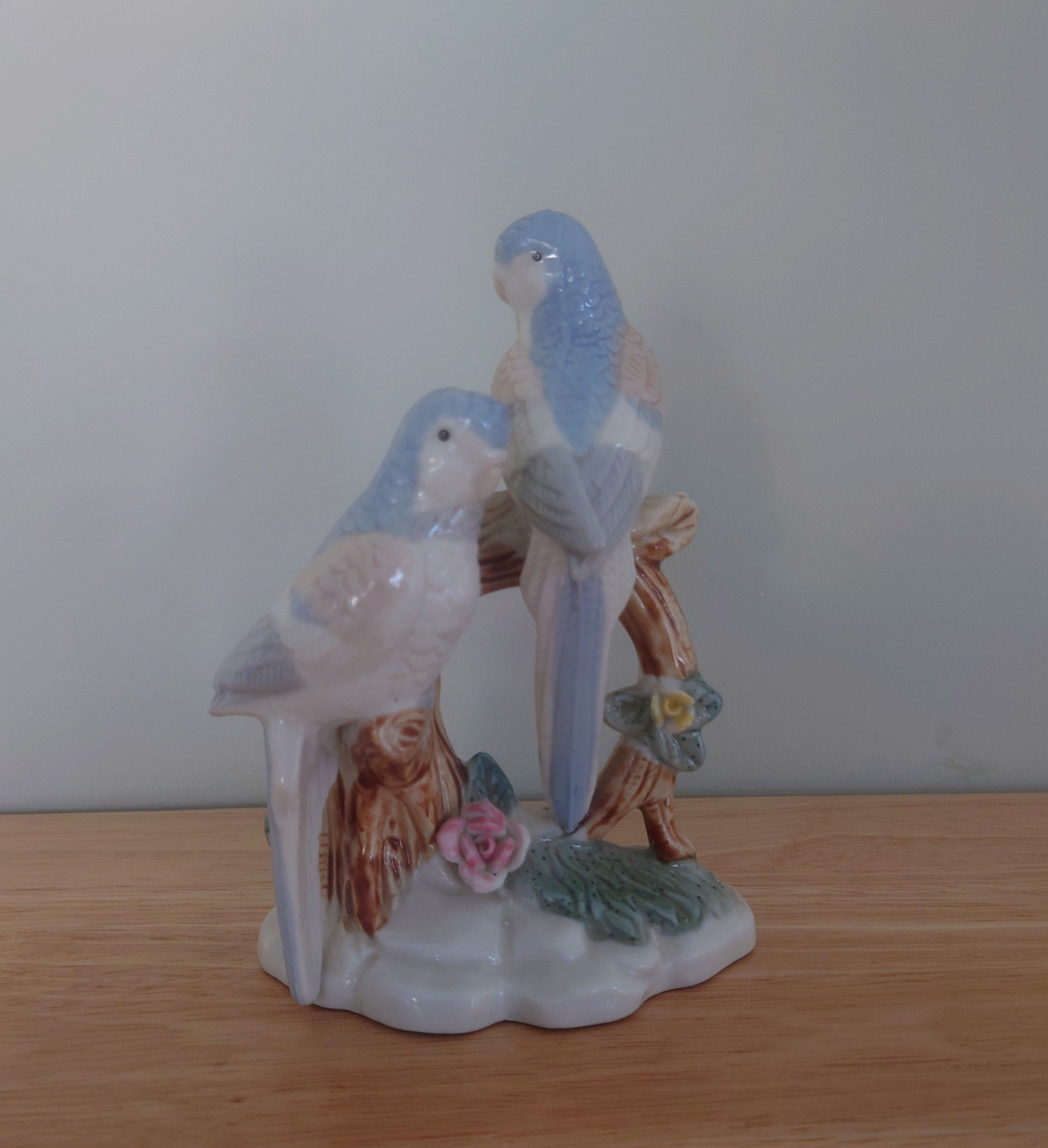 Vintage Blue and White Bird Figurine On Branch Collectable Bird Ornament Lladro Style Floral Figurine