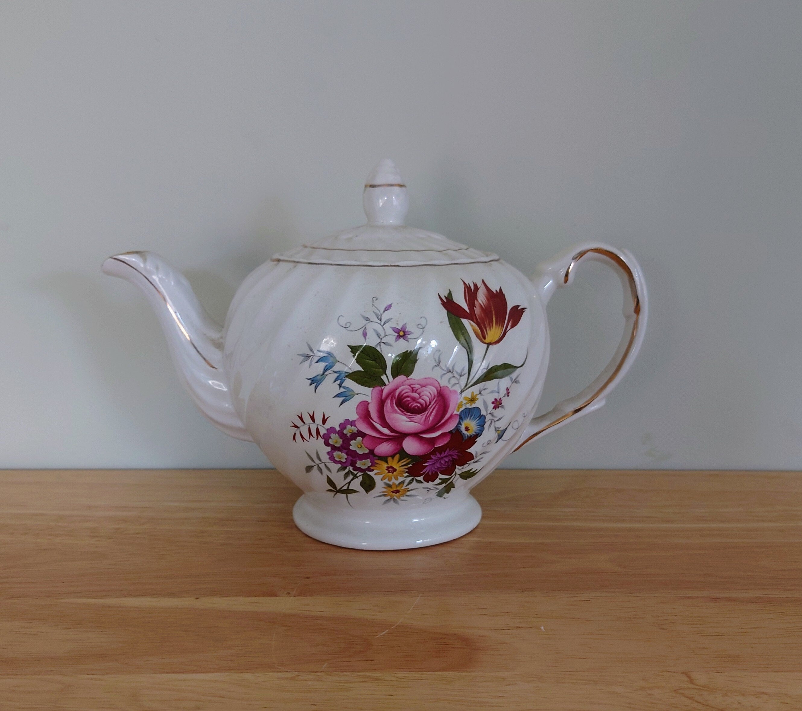 Vintage Teapot Floral Gold Stamped  Pink, Yellow Flowers, Swirl Collectable Decorative Teapot Gold Gilt Afternoon Tea Ellgreave ironstone