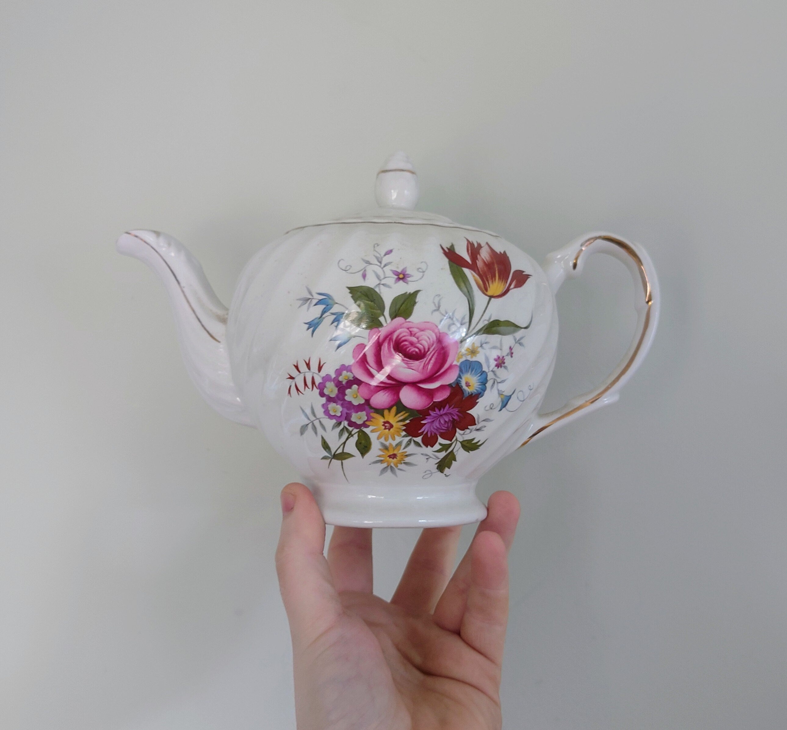 Vintage Teapot Floral Gold Stamped  Pink, Yellow Flowers, Swirl Collectable Decorative Teapot Gold Gilt Afternoon Tea Ellgreave ironstone