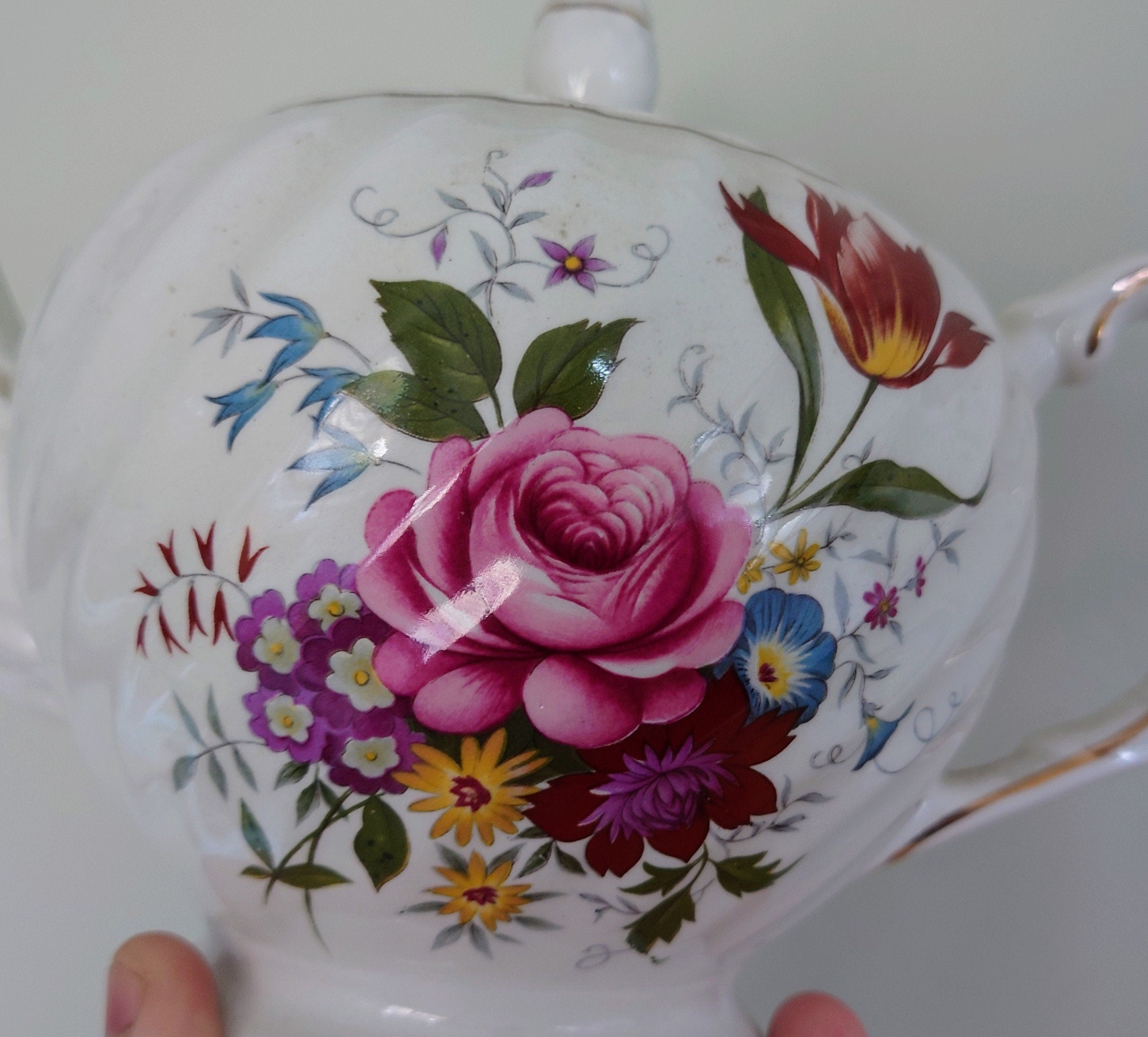 Vintage Teapot Floral Gold Stamped  Pink, Yellow Flowers, Swirl Collectable Decorative Teapot Gold Gilt Afternoon Tea Ellgreave ironstone