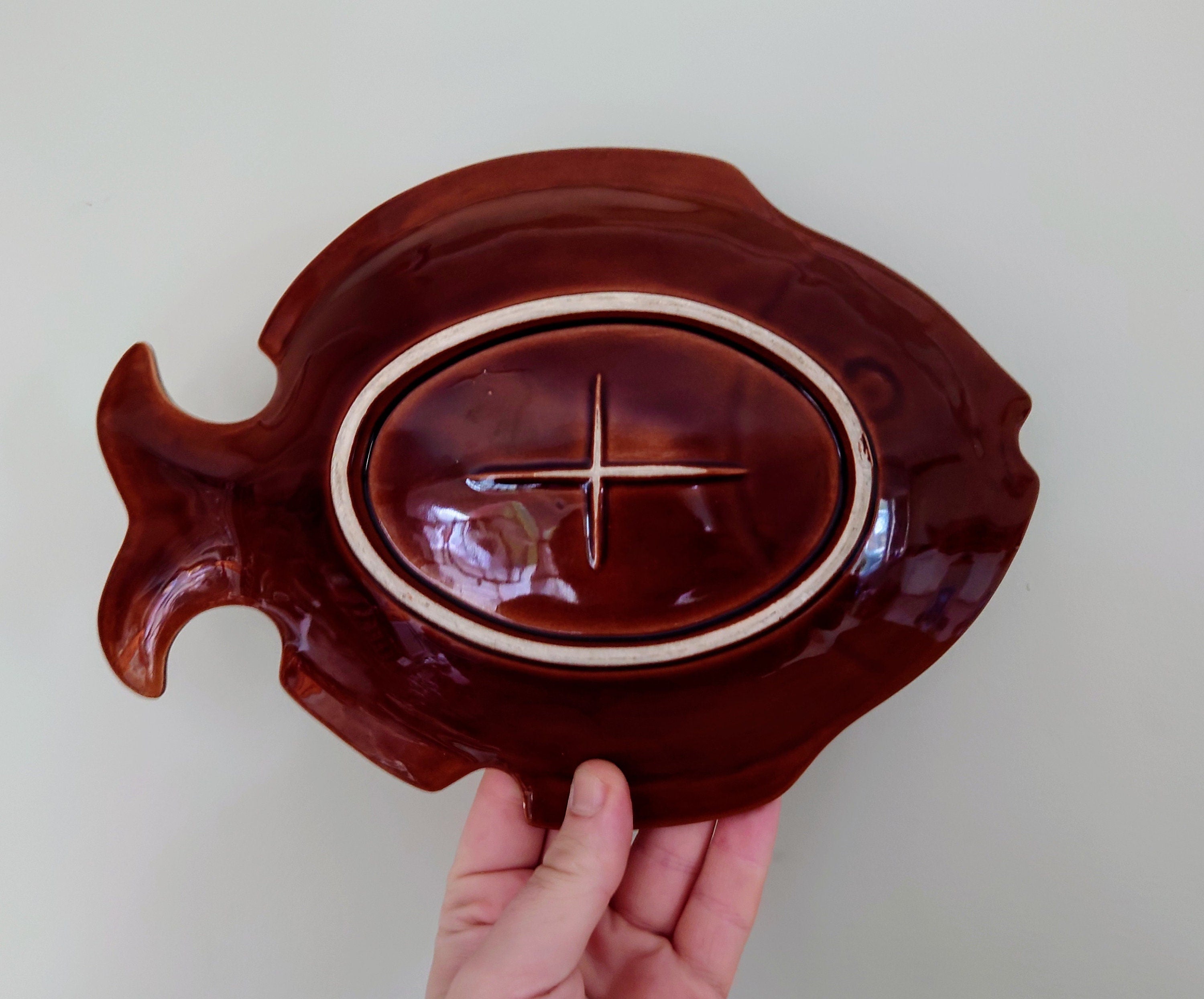 Vintage brown/yellow retro Fish Dish Ceramic Tray Shell Bowl Retro Key Dish Fruit Bowl Bathroom Décor Ornament Red Lustre