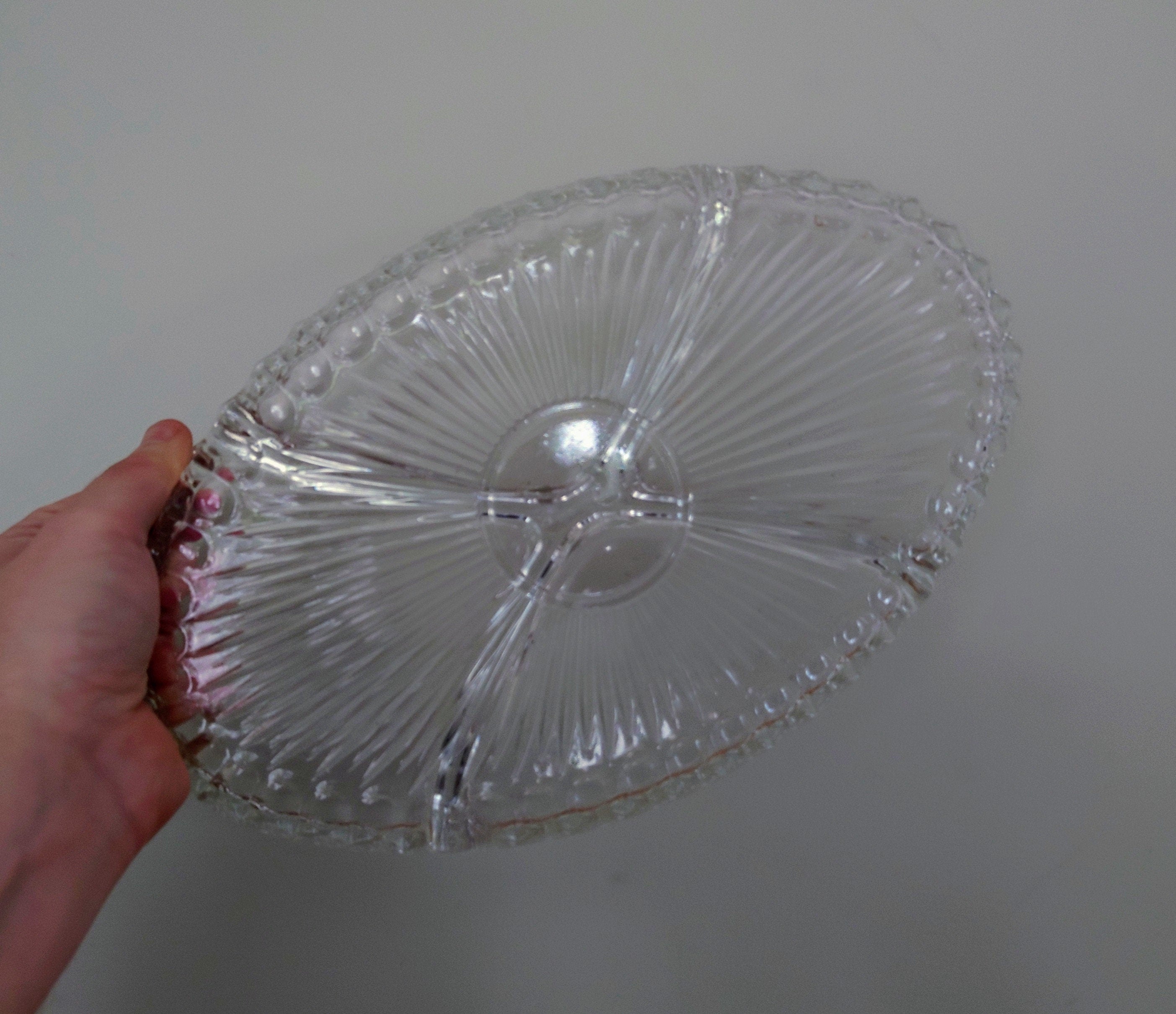 Vintage Relish Tray 3 compartments Glass Dish Serving Snacks  Kitchenware Retro 1970's. Kitsch Clear Serving Tray Retro