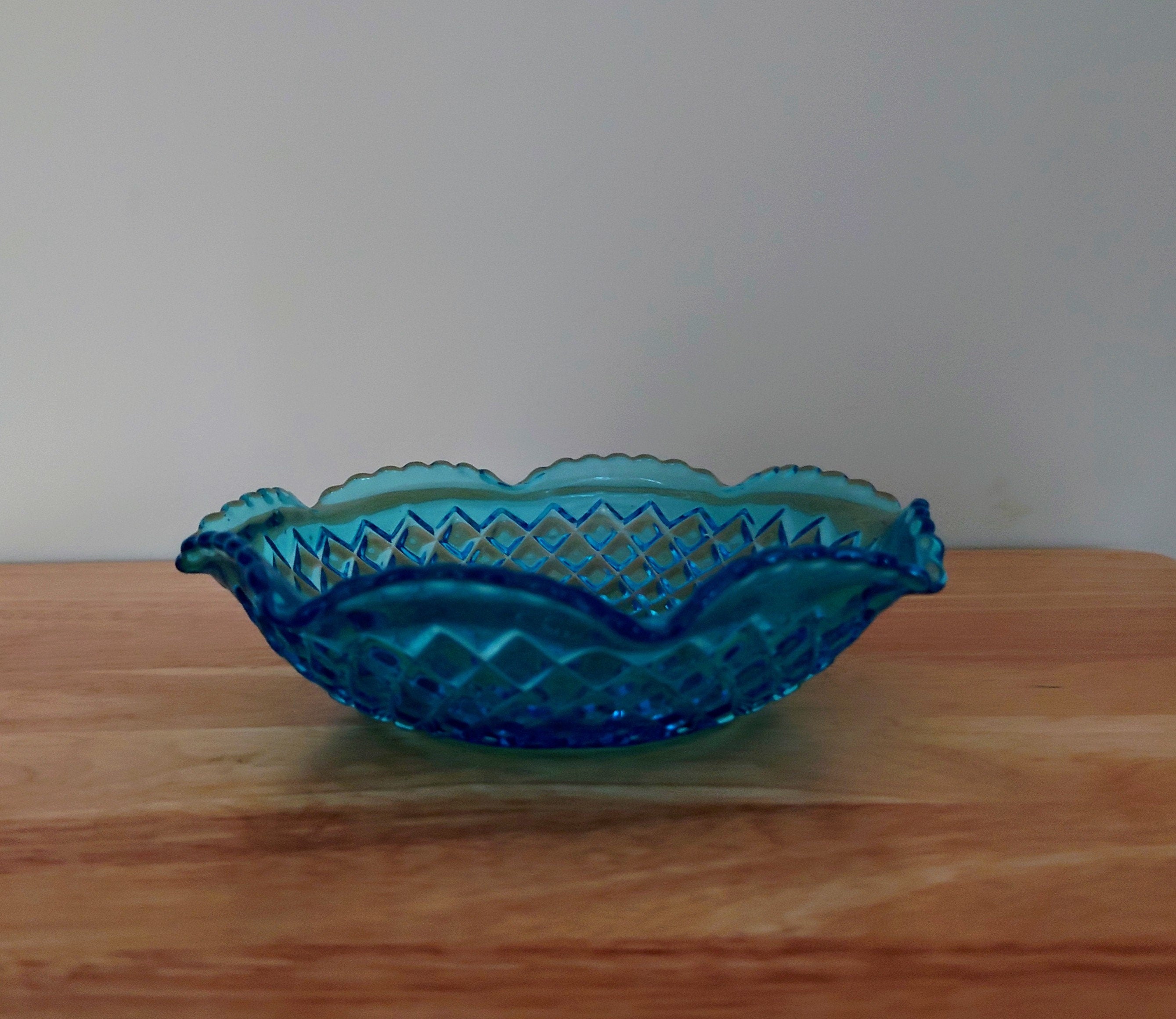 Vintage Decorative Glass Blue Bowl Modernist  1960's Dish Clear Key Dish Sweet Bowl Key Dish Serving Dish Glass Retro Depression Glass