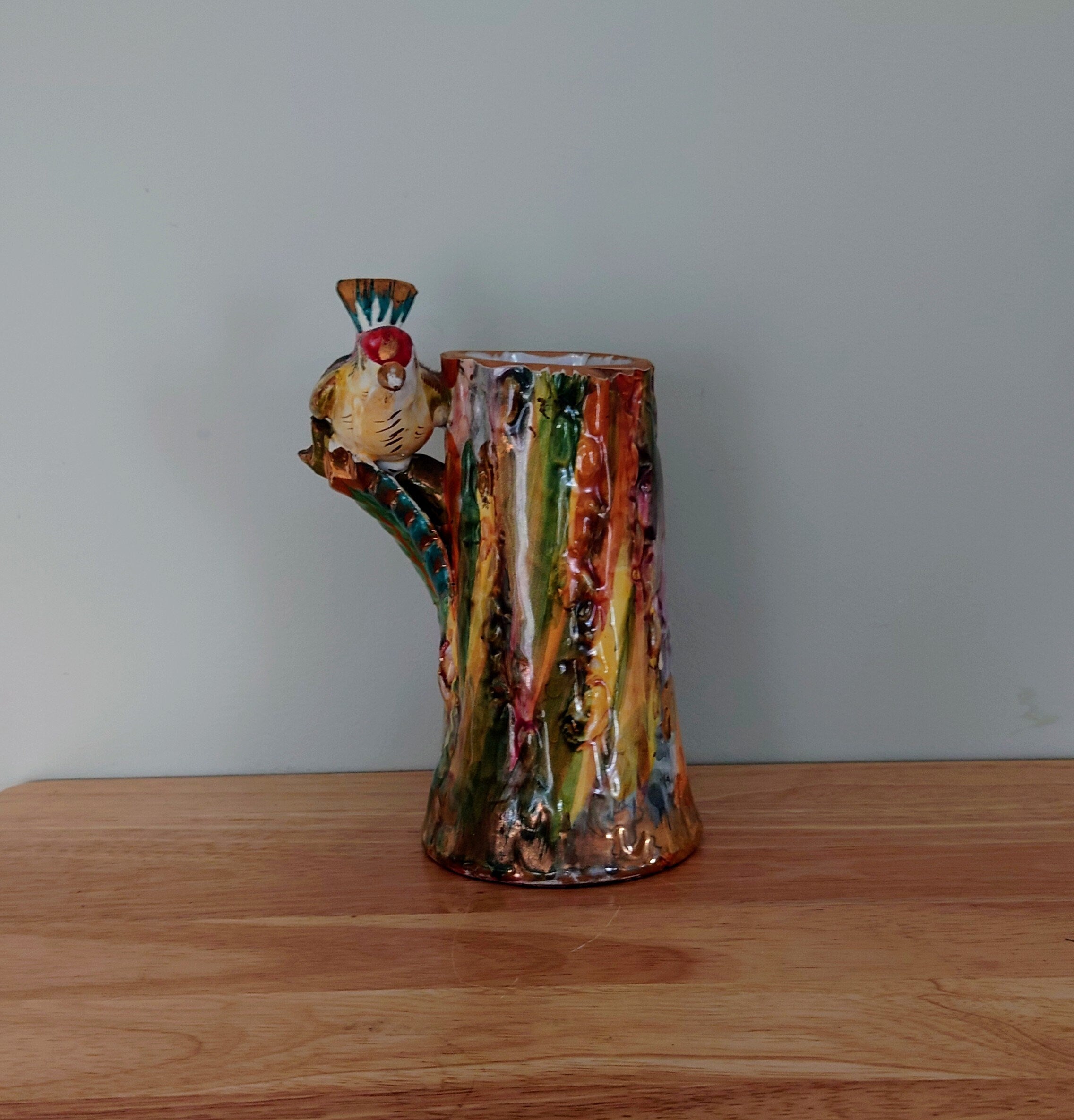 Vintage Vase Majolica Ceramic Lustre Bird Vase Italy Marked Pottery Vase Flower Earthenware Mid Century Bird Glazed Pottery Vase