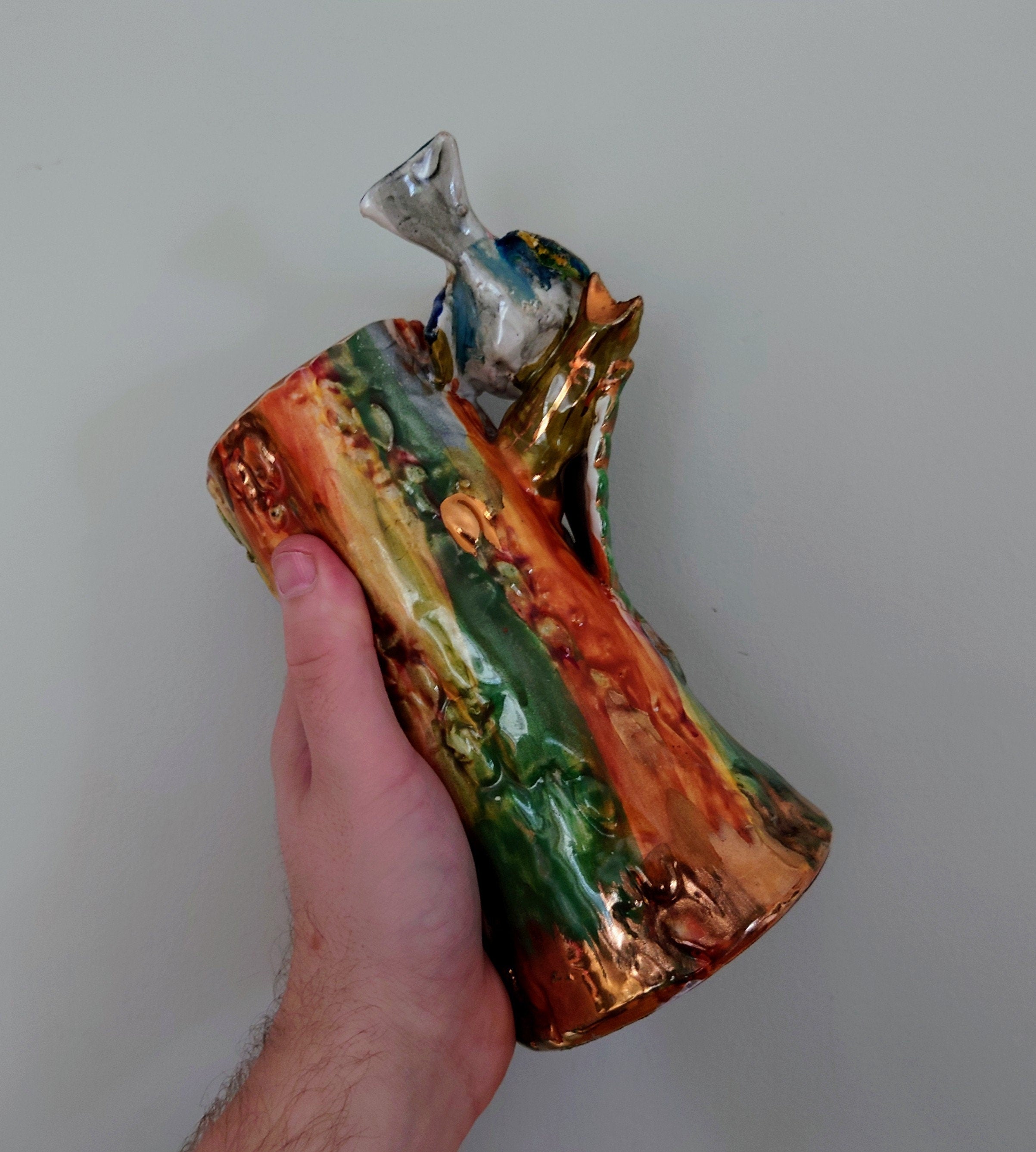 Vintage Vase Majolica Ceramic Lustre Bird Vase Italy Marked Pottery Vase Flower Earthenware Mid Century Bird Glazed Pottery Vase