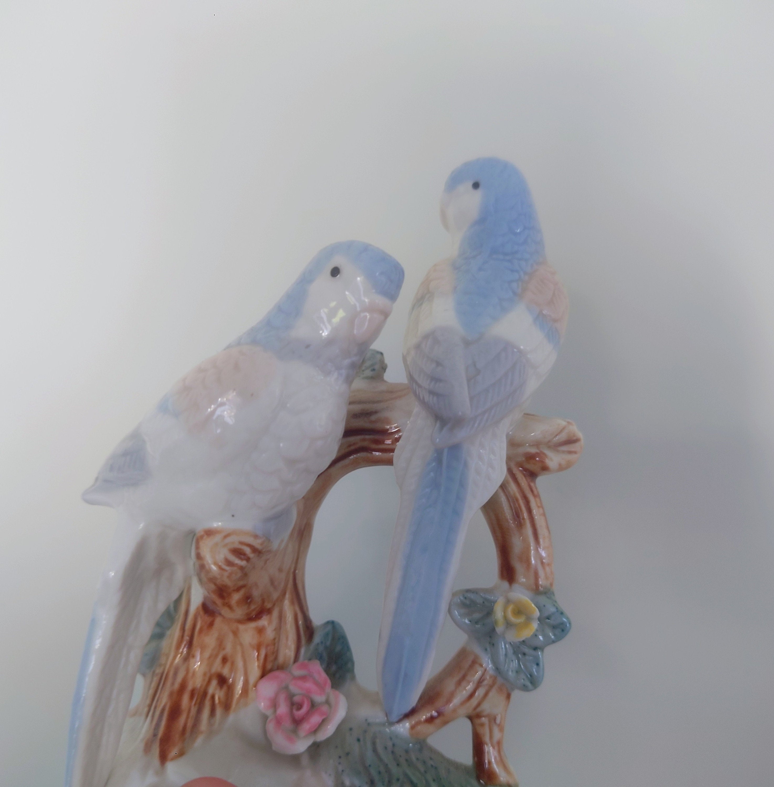 Vintage Blue and White Bird Figurine On Branch Collectable Bird Ornament Lladro Style Floral Figurine