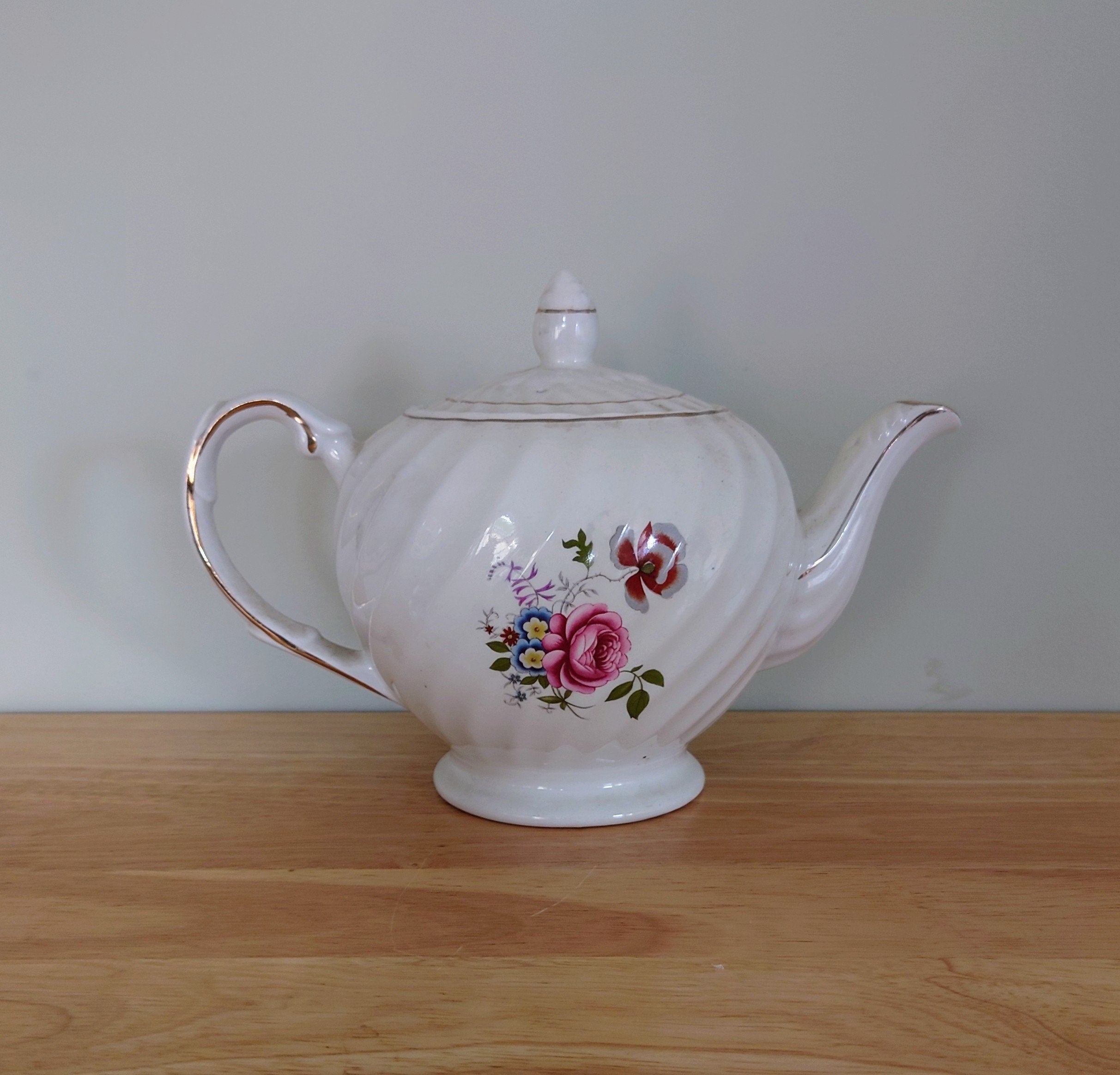 Vintage Teapot Floral Gold Stamped  Pink, Yellow Flowers, Swirl Collectable Decorative Teapot Gold Gilt Afternoon Tea Ellgreave ironstone