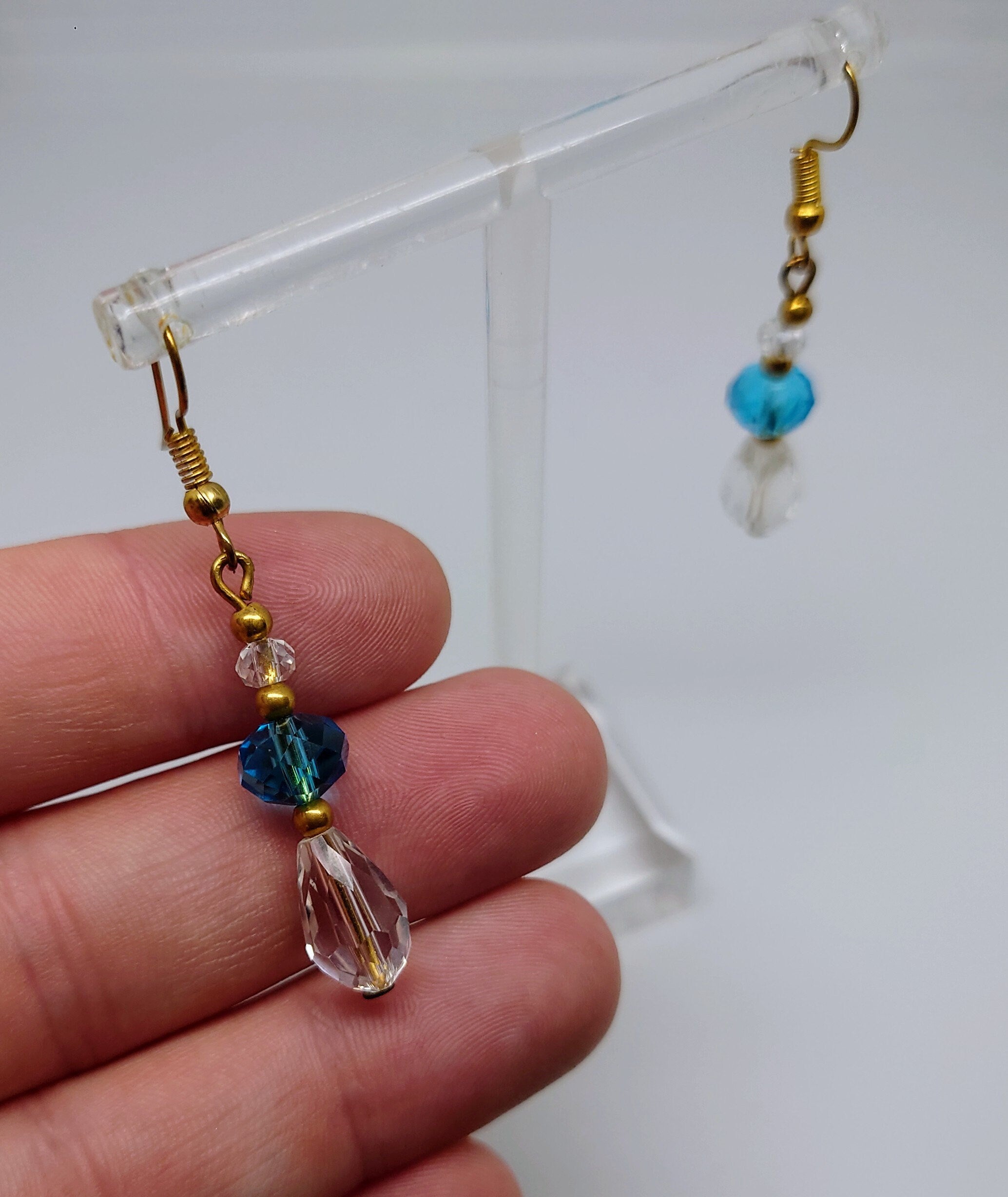 Vintage Dangle Drop Earrings Round Blue Glass Hook Clasp Costume Jewellery Jewelry Gold Tone Wedding Jewellery Long Earrings