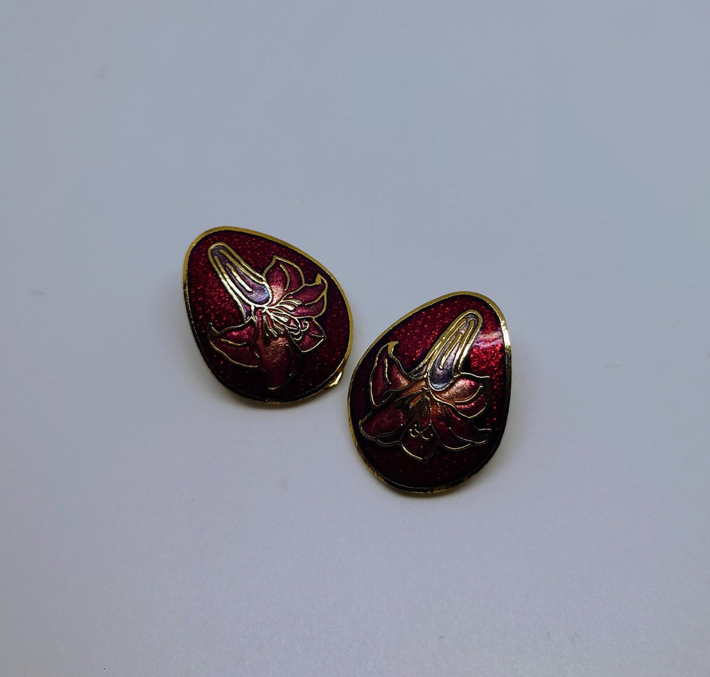 Vintage Cloisonne Enamel Clip on  Earrings Floral Flower Earrings Gold Tone Metal Costume Jewellery Jewelry