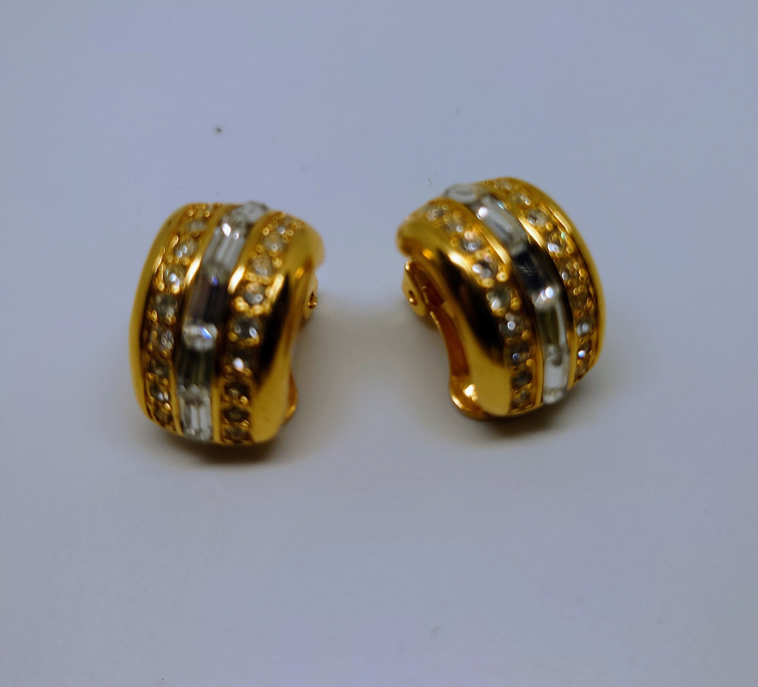 Vintage Earrings Gold Diamond Clip on Earrings Diamanté Rhinestone Retro Gold Costume Jewellery Jewelry