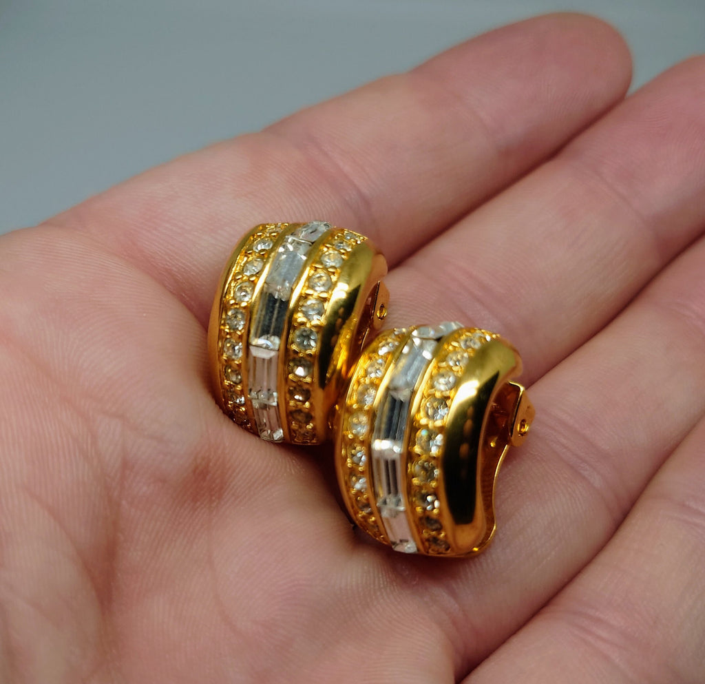 Vintage Earrings Gold Diamond Clip on Earrings Diamanté Rhinestone Retro Gold Costume Jewellery Jewelry