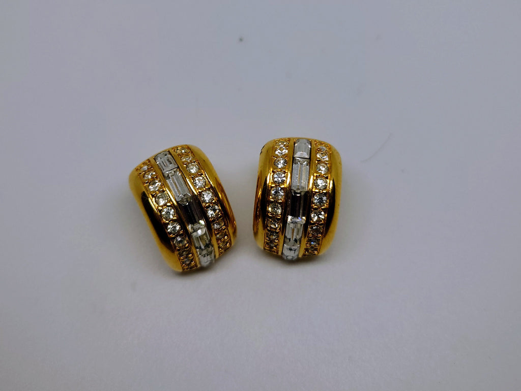 Vintage Earrings Gold Diamond Clip on Earrings Diamanté Rhinestone Retro Gold Costume Jewellery Jewelry