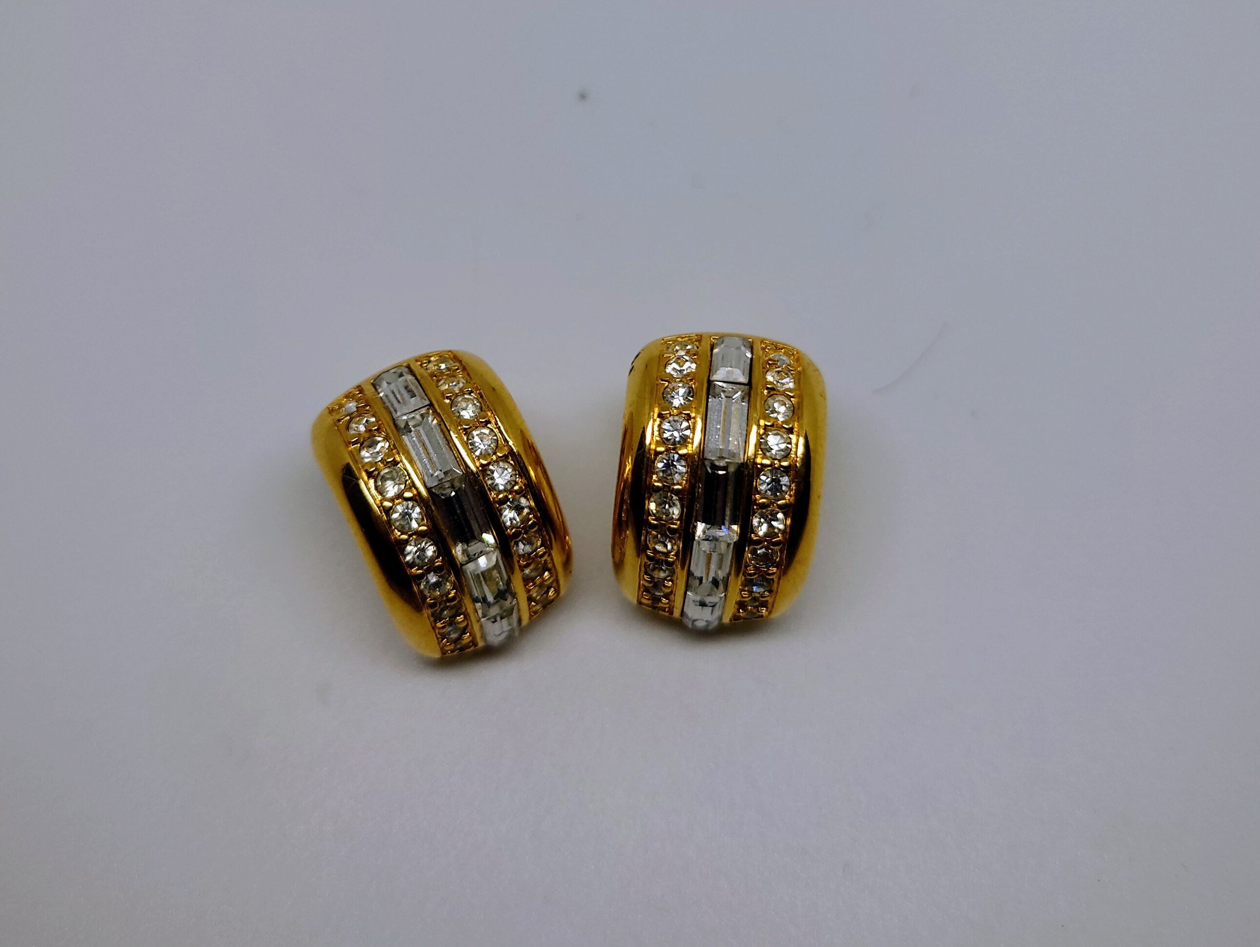 Vintage Earrings Gold Diamond Clip on Earrings Diamanté Rhinestone Retro Gold Costume Jewellery Jewelry