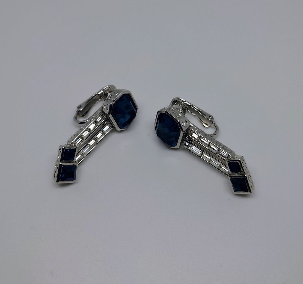 Sapphire Earrings Vintage  Drop Blue and and White Rhinestone Gold Tone Costume Jewellery  Earrings Diamond Earrings laddies jewellery