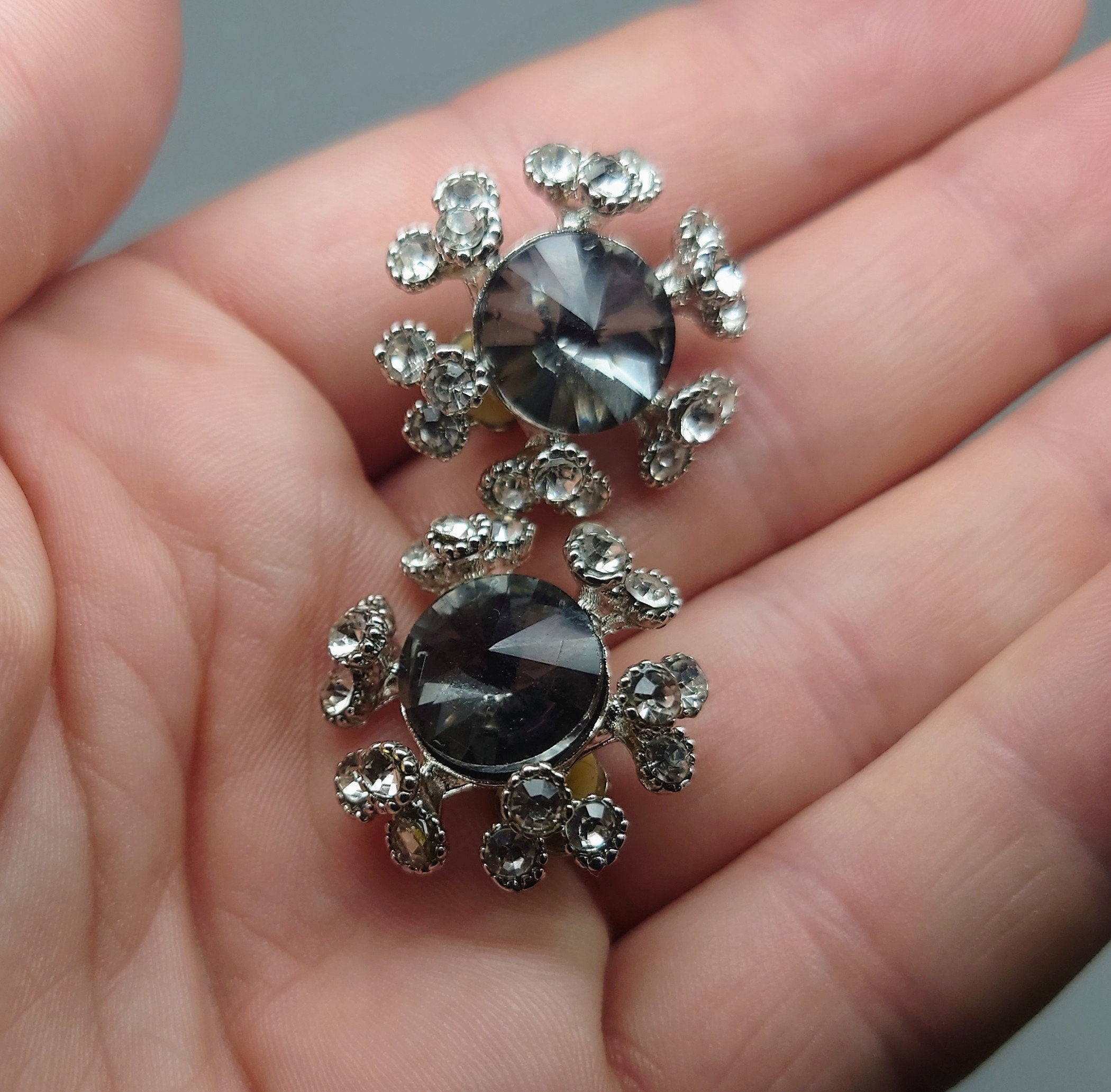 Vintage Diamond Rhinestone Crystal Clip On Earrings Silver Tone Diamond Rhinestone Diamante Costume Jewellery Jewelry Wedding Jewelry
