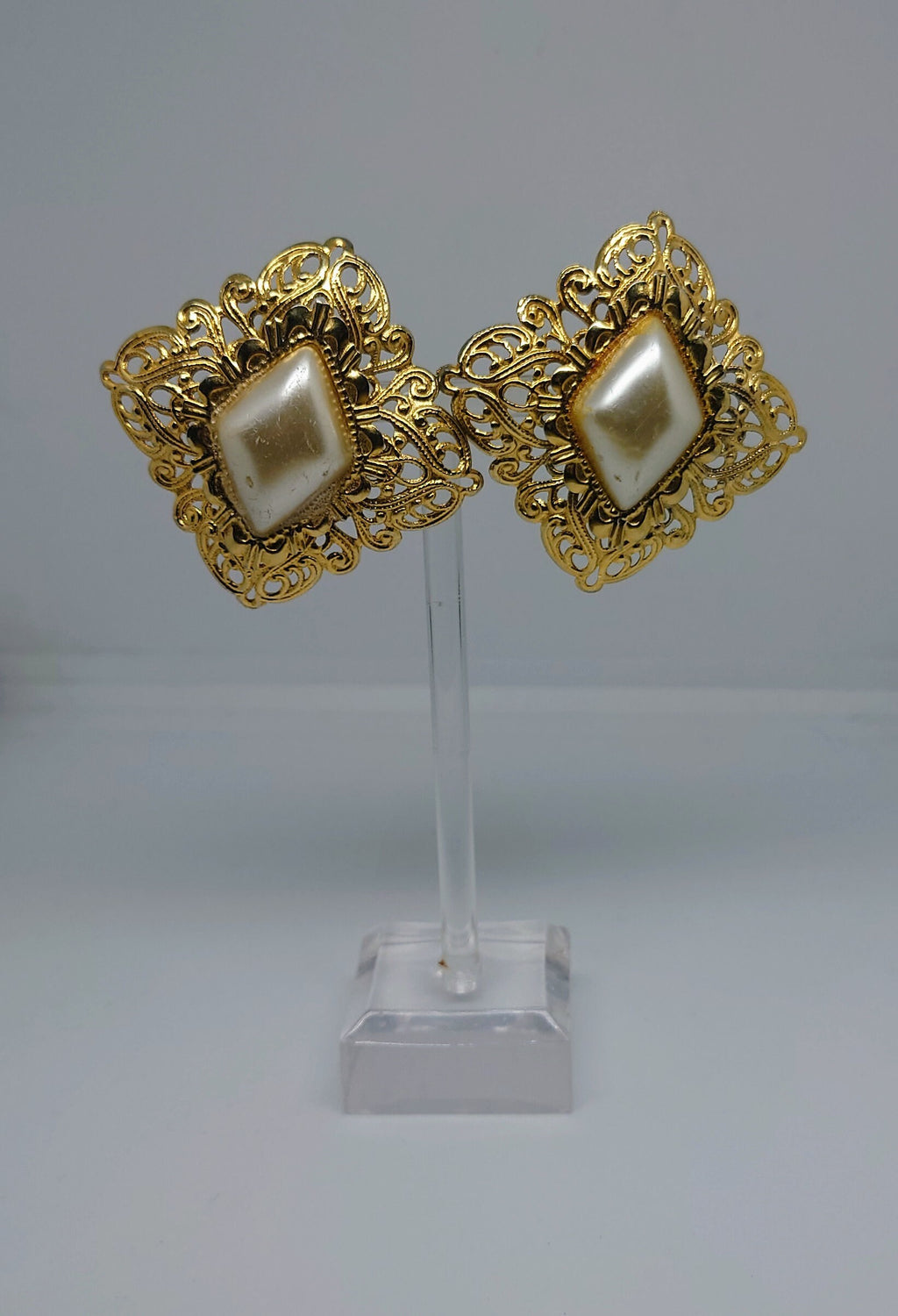 Retro Earrings Gold Clip On Pearl Costume Jewellery Jewelry Vintage Earrings 70's Clip on Chunky
