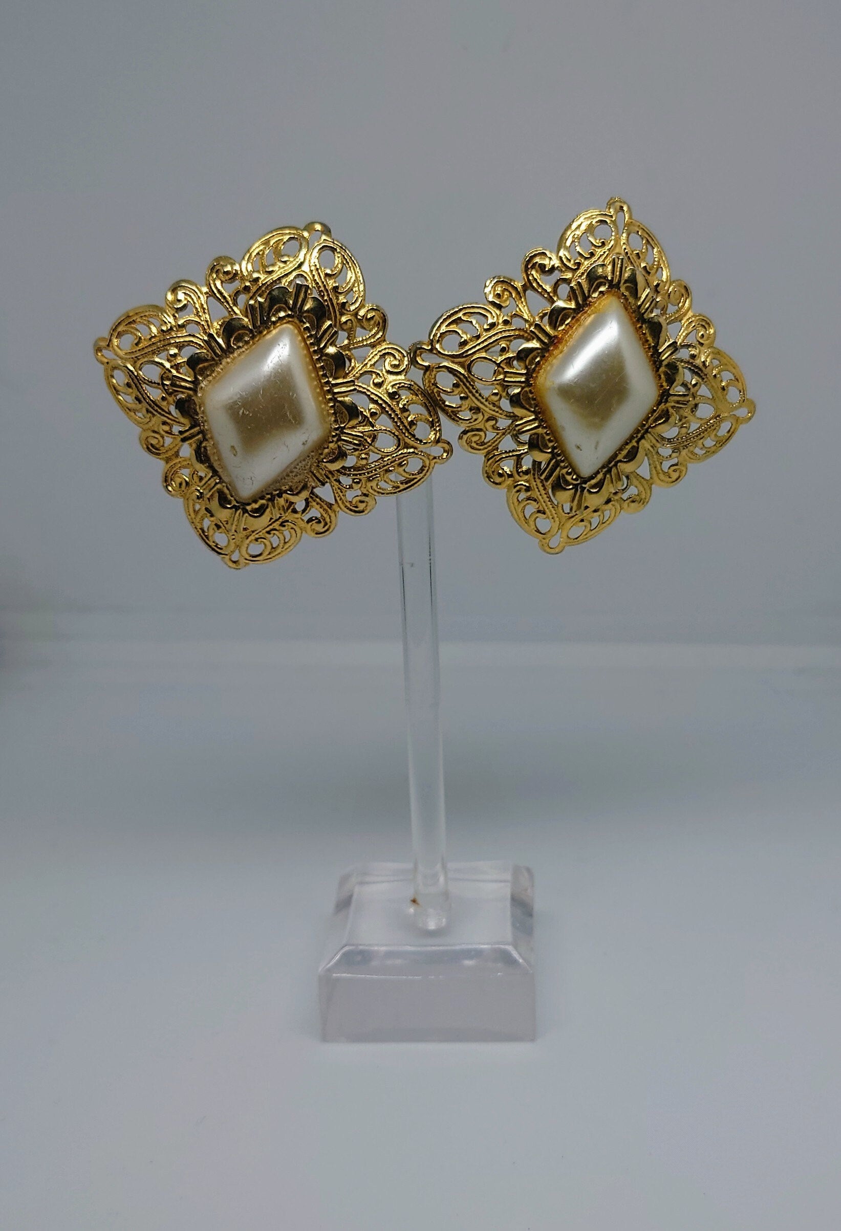 Retro Earrings Gold Clip On Pearl Costume Jewellery Jewelry Vintage Earrings 70's Clip on Chunky