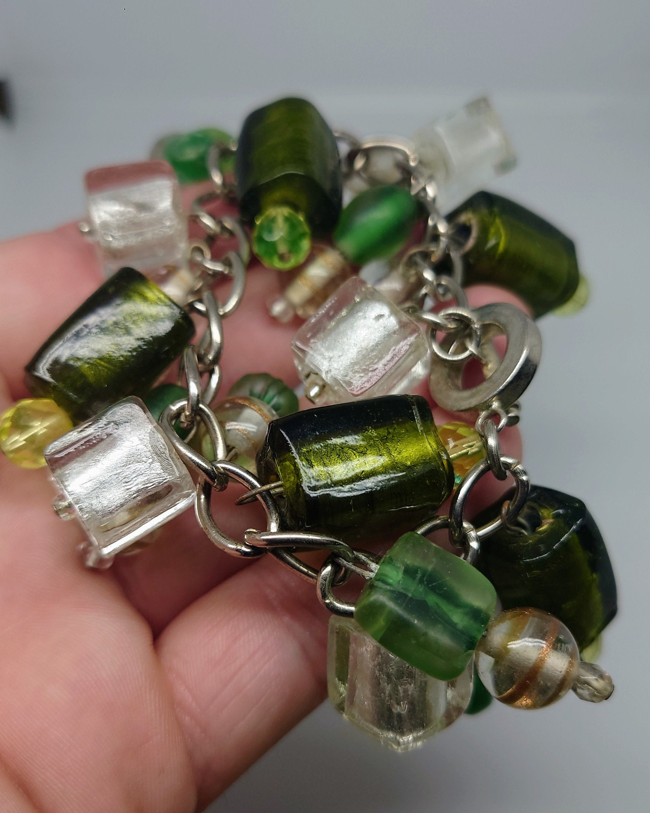 Vintage Glass Beaded Bangle Foil Glass Emerald Green Costume Jewellery Jewelry Chunky Glass Beaded Bangle/bracelet