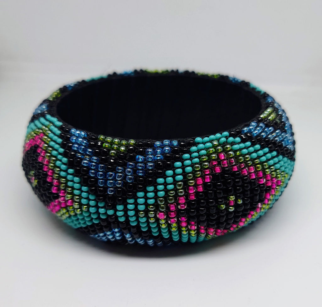 Vintage Seed Beaded Bracelet Blue and Black Round Chunky Retro Costume Jewellery Jewelry